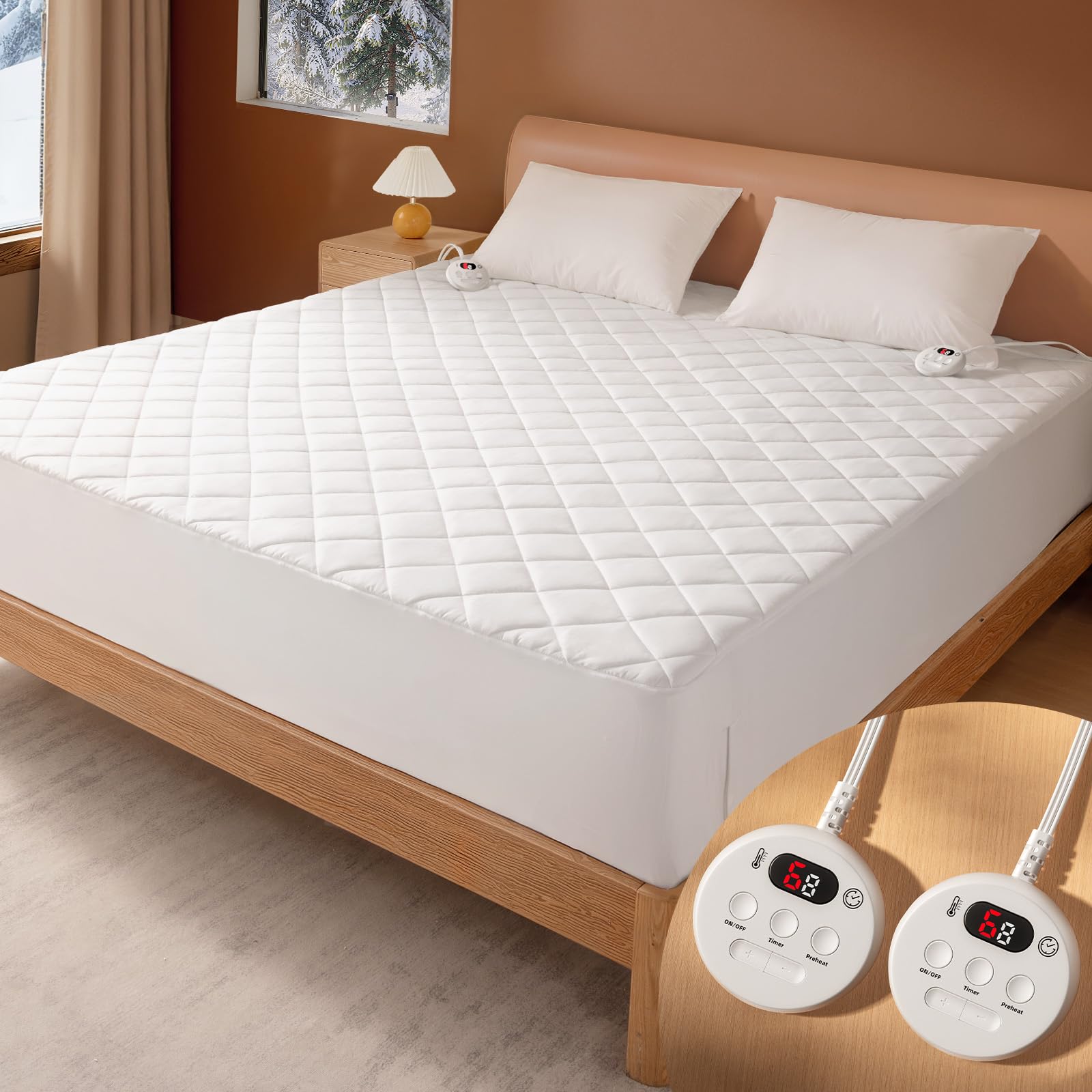Wärmeunterbett 180x200 cm mit Doppelte temperaturregelung, 6 Heizstufen, 1-10h Timer, Schnellwärme & Überhitzungsschutz, Weichem Steppstoff Heizmatte Bett, Maschinenwäsche