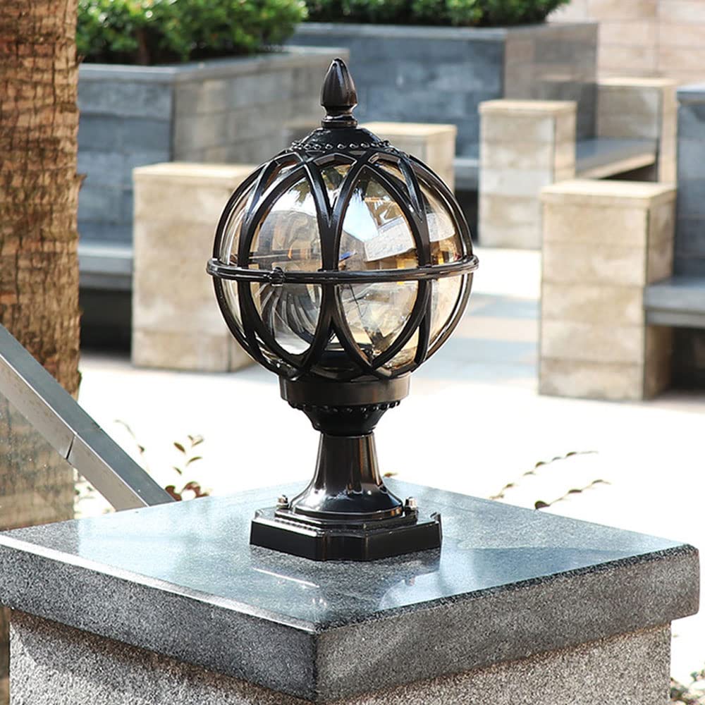 QUSYZD IP54 Waterproof Outdoor Spherical Pillar Lamp Vintage Wall Post Light Retro Garden Landscape Spotlight Lanterns E27 Aluminium Villa Fence Terrace Community Lighting,
