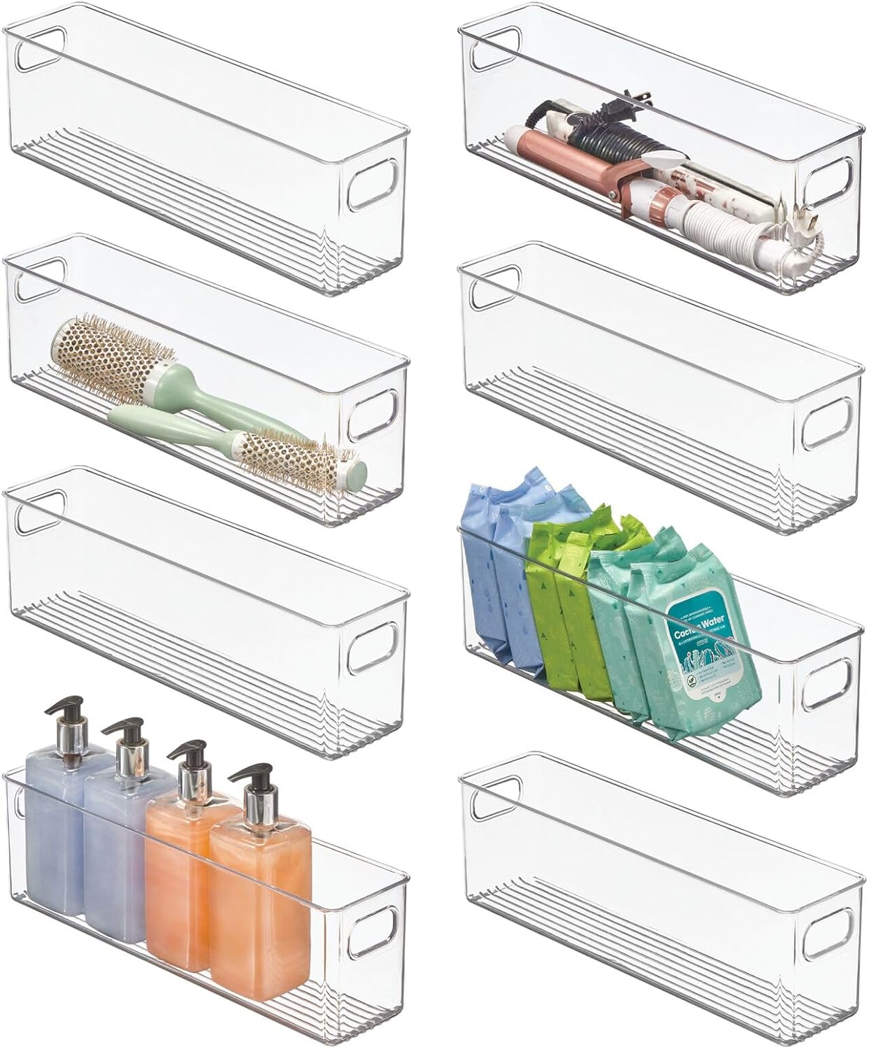 mDesign Plastic Bathroom Organizer – Storage Holder Bin w/ Handles for Vanity, Cupboard, Cabinet Shelf, Linen/Hallway Closets, Holds Styling Tools, Beauty Products – Ligne Collection – 8 Pack – Clear