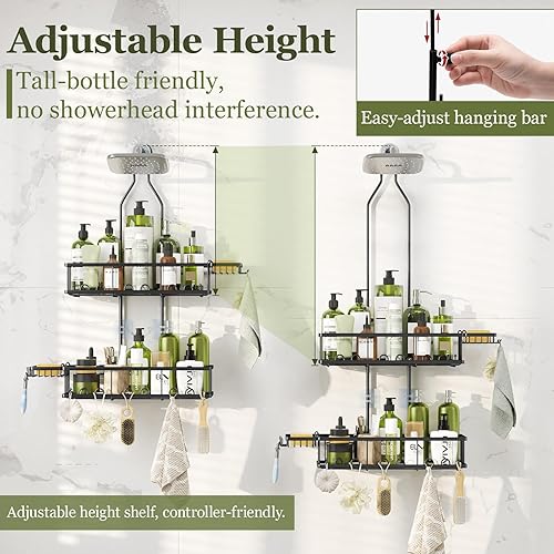 Miniatura 3 de Organizador de ducha colgante organizador de altura ajustable para sobre el cabezal de ducha, estantes de ducha negros inoxidables con ganchos y 2