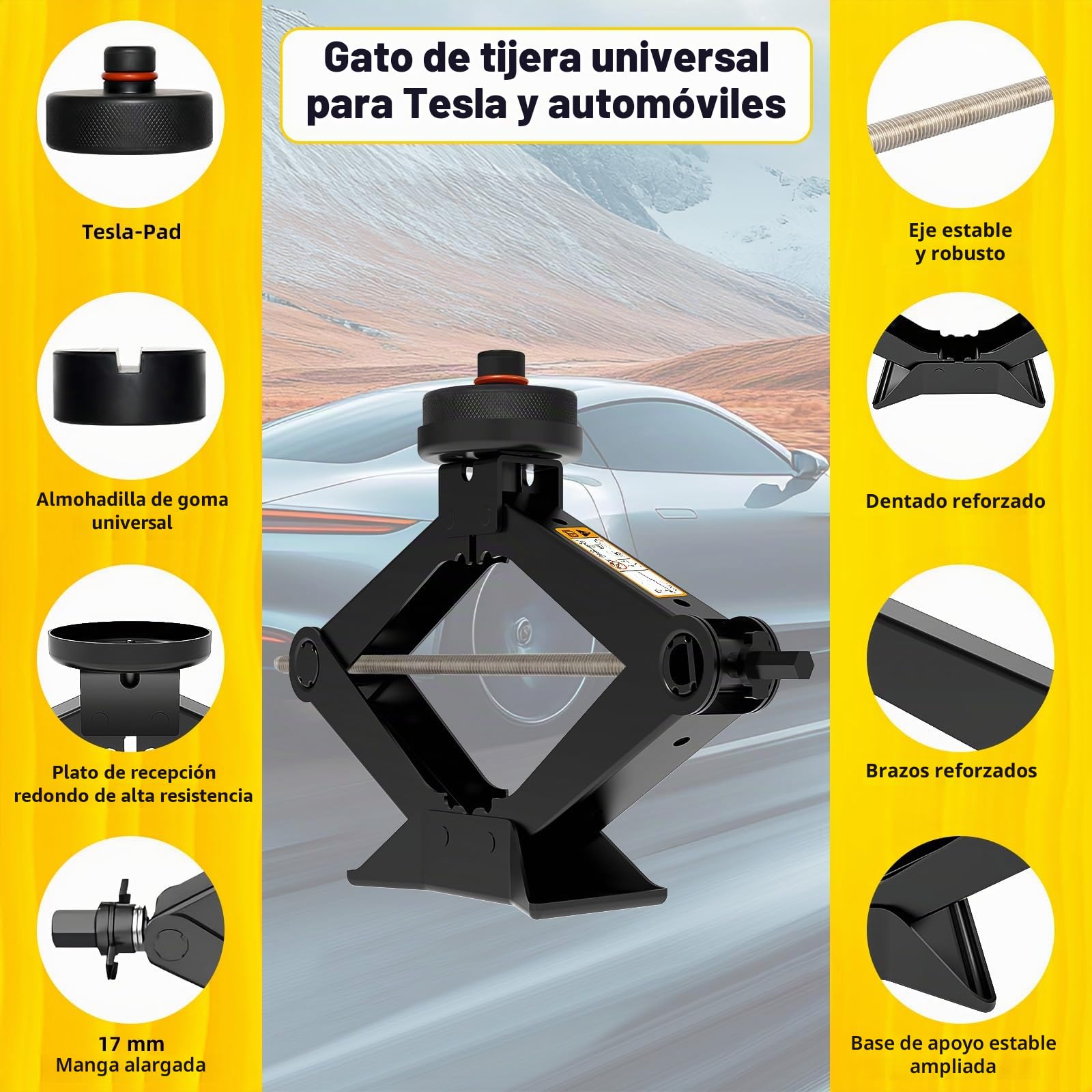 Gato para Coche 3T/3000kg,Olubfdh Kit de Gato Coche con Pad Tesla y Pad de Goma Universal,Portátil Kit de Emergencia con Llave de Tuercas de Rueda