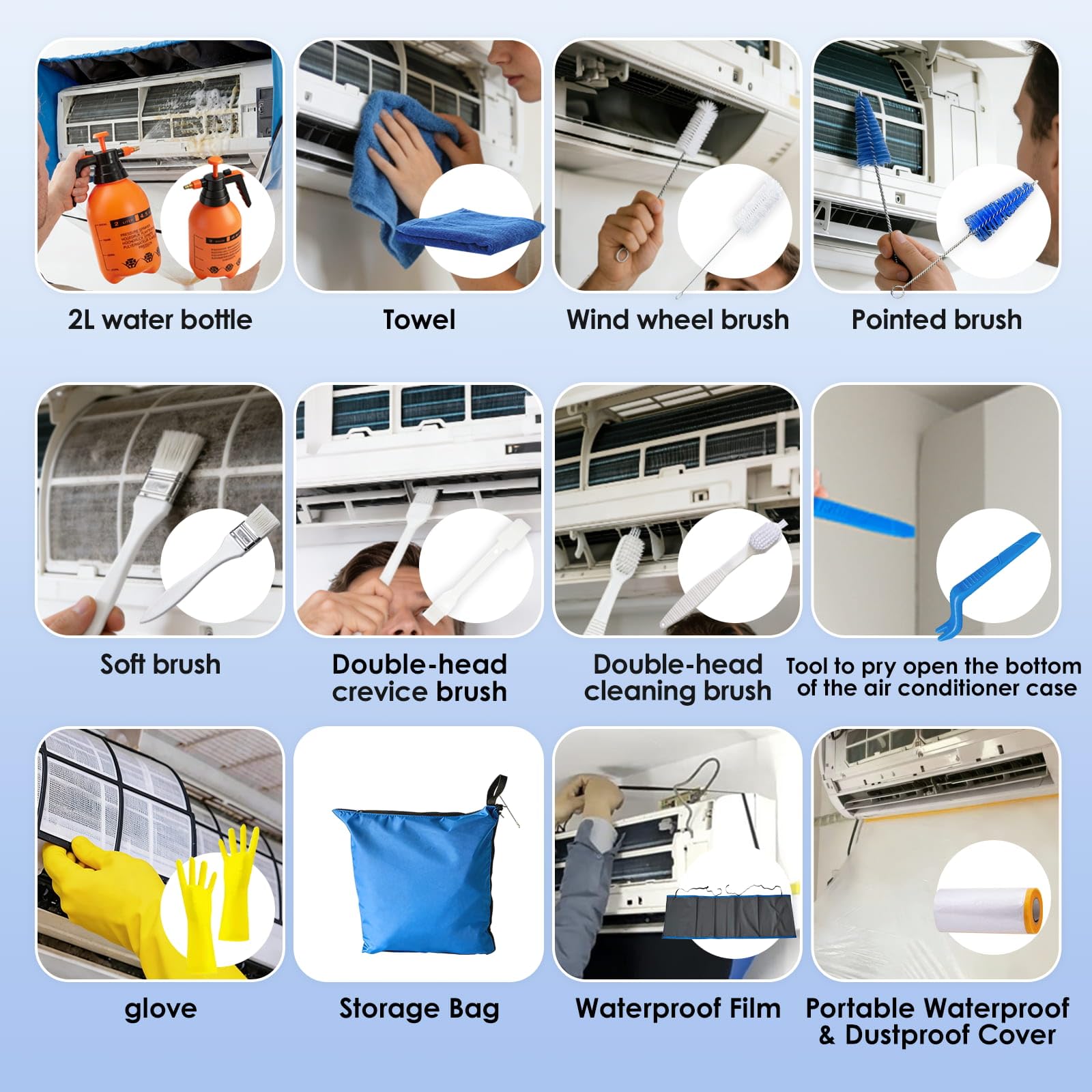 Kit Pulizia Condizionatore Split con Sacchetto Regolabile con e Pannelli Laterali, Kit Pulizia Climatizzatore Casa (M, Blu-Bianco Trasparente)
