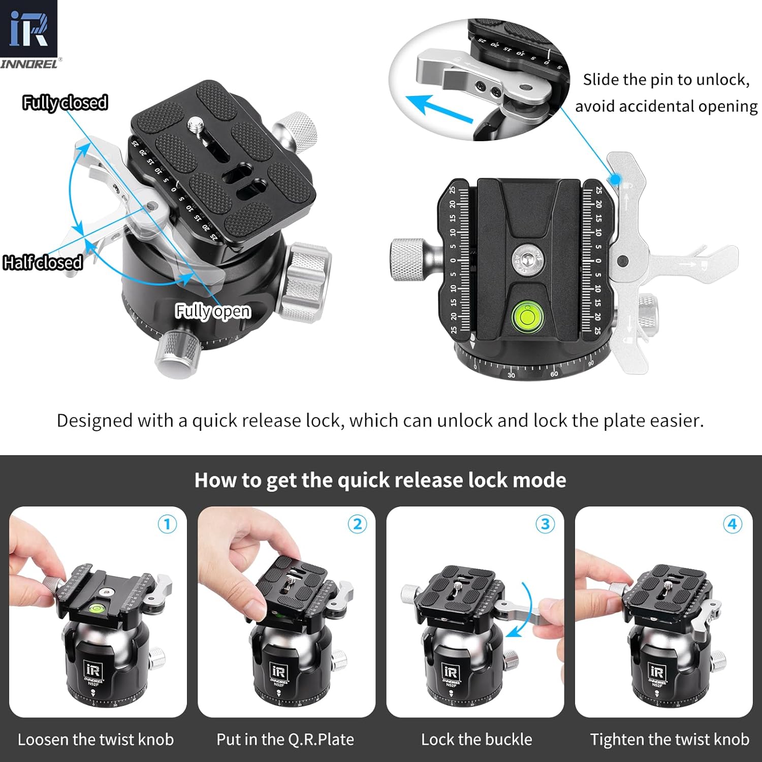 INNOREL N52F Quick Locking Low Profile Tripod Ball Head, Fast Lever Release, Panoramic CNC Metal Camera Tripod Ballhead with 2 Plates for Tripod Monopod DSLR Camcorder, Max Load 66lb/30kg (Sliver)