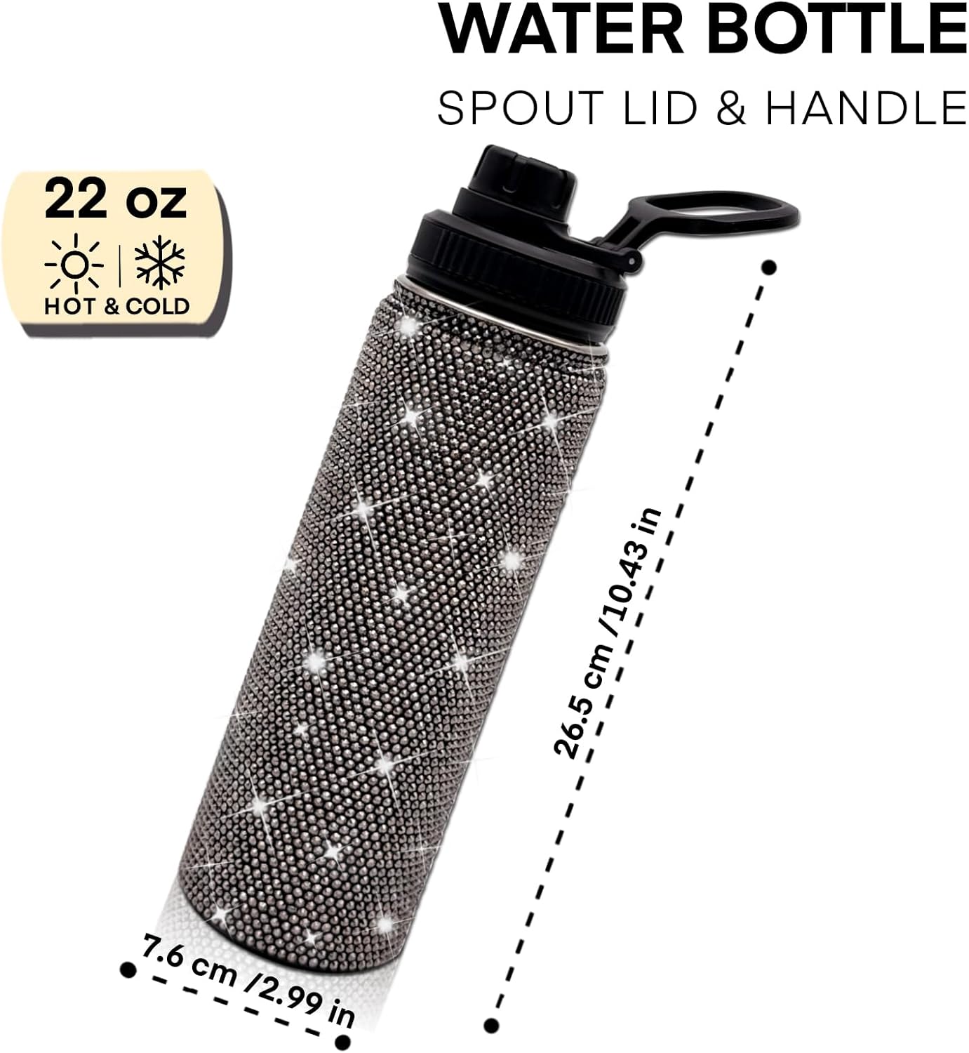 22oz Stainless Steel Bling Crystal Water Bottle Rhinestone Vacuum Insulated Bottle with Spout Lid Reusable Double-Wall Glitter Sport Bottle Gift for Women Girl (Black)