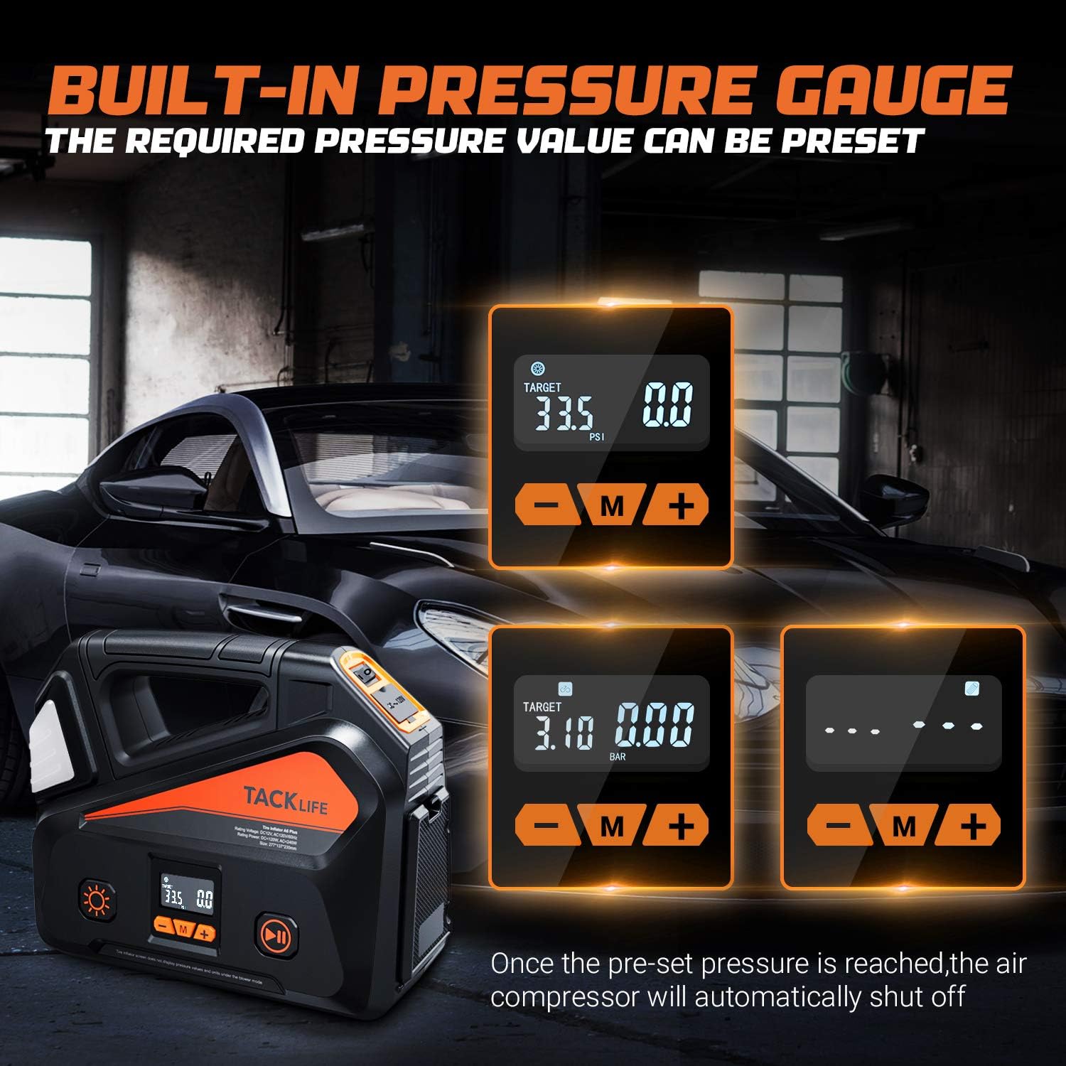 TACKLIFE A6 Plus AC/DC Tire Inflator, Portable Air Compressor with LCD Digital Pressure Gauge up to 150 PSI for Home 110V AC and Car 12V DC, Car Air Pump for Inflatables with LED light: Automotive