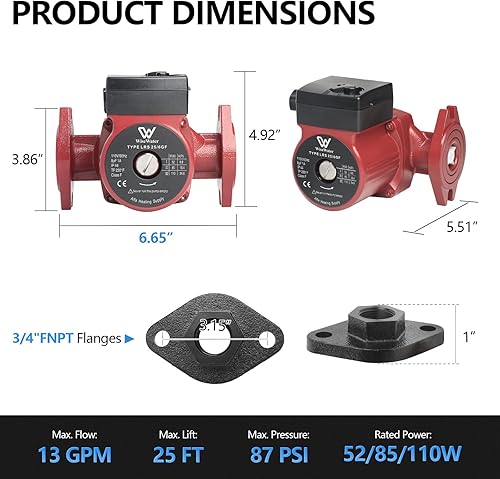 Miniatura 2 de WiseWater Bomba de circulación de 110 V 110 W 13 GPM con bridas FNPT de 34 "Bomba de recirculación de agua caliente de bajo ruido de 3 velocidades