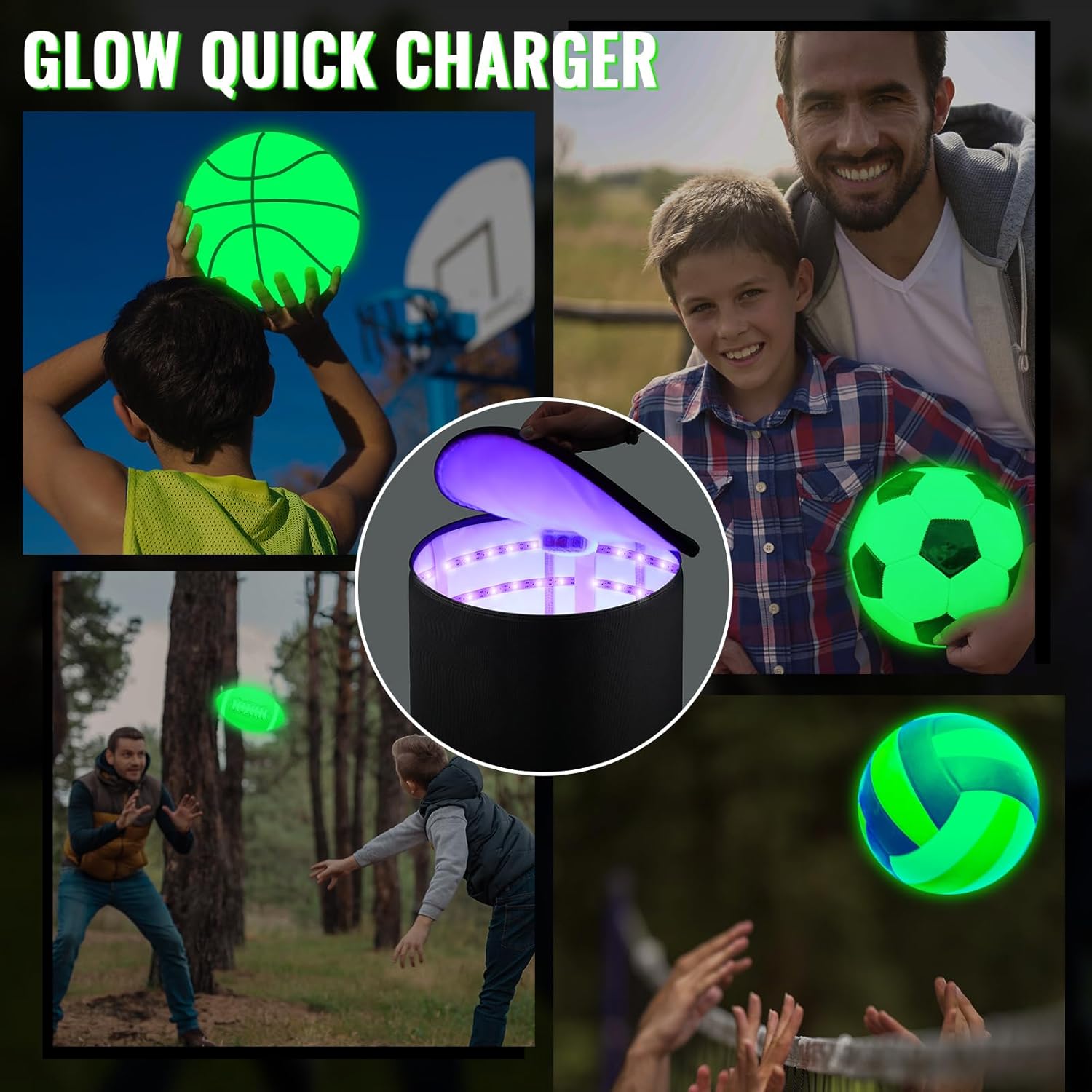 Hiboom UV Light Quick Glow Charger Large LED Recharging Bag for Glow in The Dark Kickball Dodgeball Soccer Football Basketball Volleyball in The Dark Game Teen Adult Sport Enthusiast