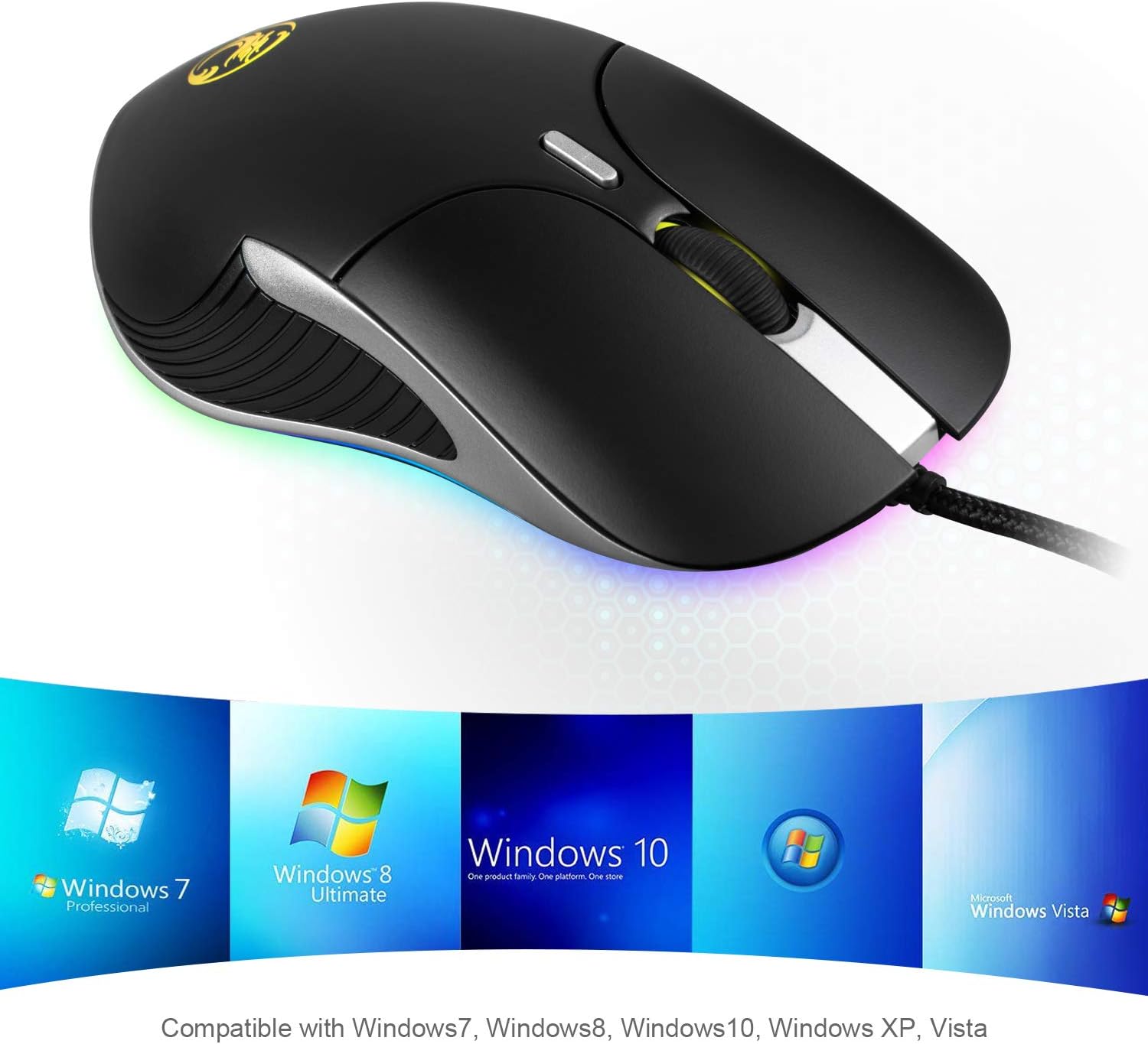 RGB Gaming Mouse – Ergonomic Wired 6 Button Mouse,6400 DPI - Adjustable & Breathing LED Light for Windows PC Gamer