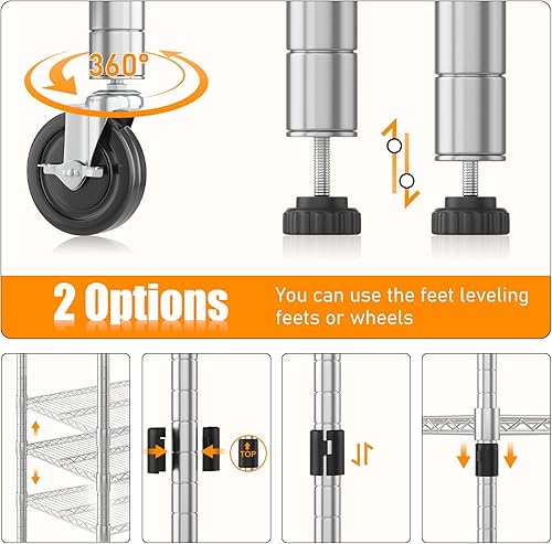 Miniatura 4 de Himimi Estantería de almacenamiento de alambre de acero resistente de 5 niveles, estantes de almacenamiento de metal ajustables con ruedas, estante