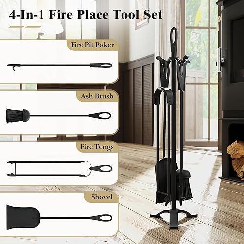 Vista 7 de Tangkula Juego de chimenea de 5 piezas, rústico, resistente, compacto, de hierro forjado, juego de herramientas con pedestal, herramienta de hogar
