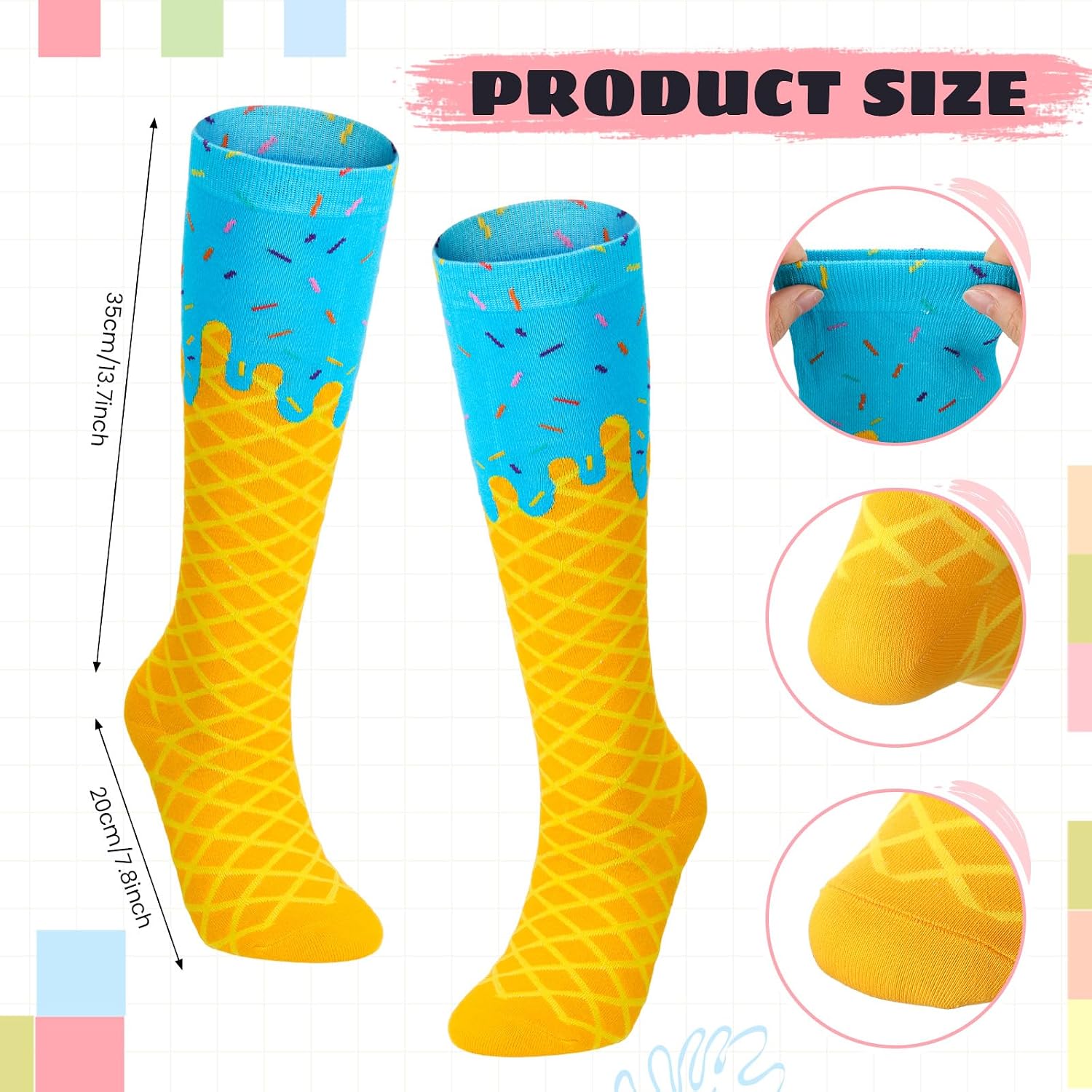 Newcotte Ice Cream Drip Knee High Socks for Women Novelty Ice Cream Cone Socks for Summer Party Sports Gifts