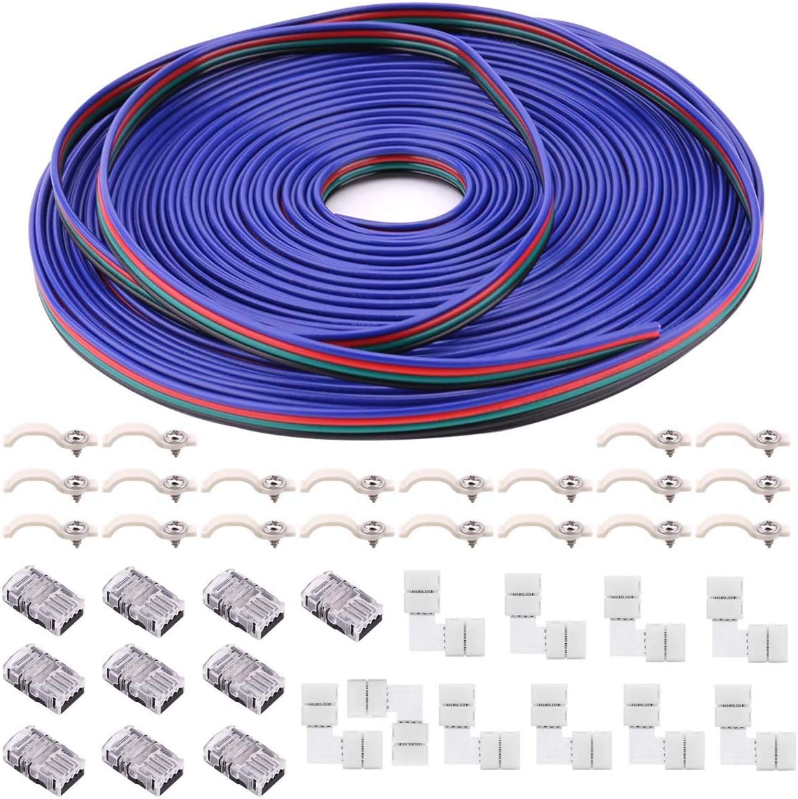 4Pin RGB LED Strip Connector Kit - 10mm 5050 RGB LED Connector Kit Includes 10x Strip to Wire Quick Connectors, 10x L Shape Connectors, 32.8ft RGB Extension Wire Cable, 20x LED Strip Clips