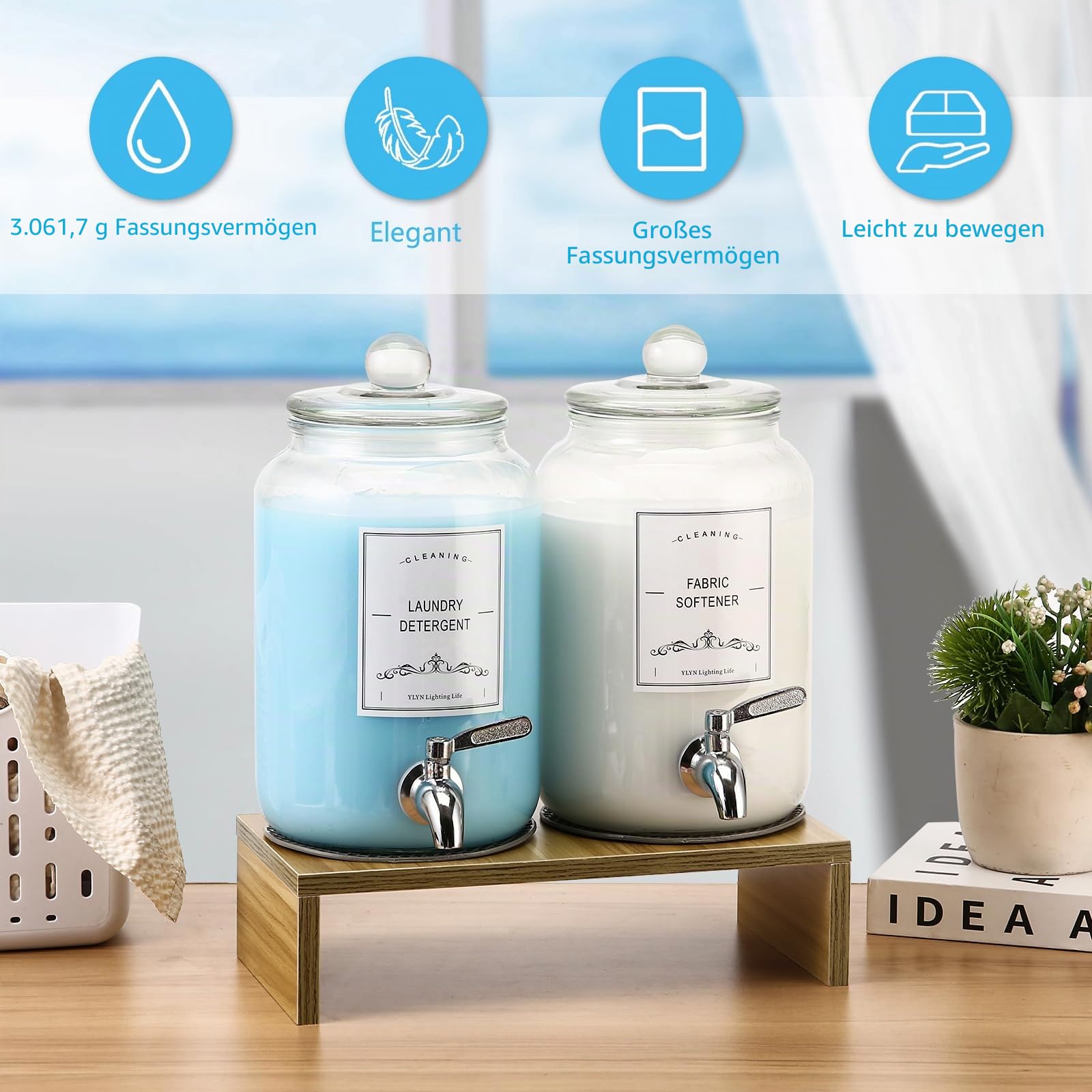 2er-Pack Glas-Waschmittelspender mit Ständer, 3005.0 g auslaufsicherer Glas-Stoffweichspüler-Spender, Wäscheseifenspender, wiederverwendbarer Behälter für Küche und Badezimmer