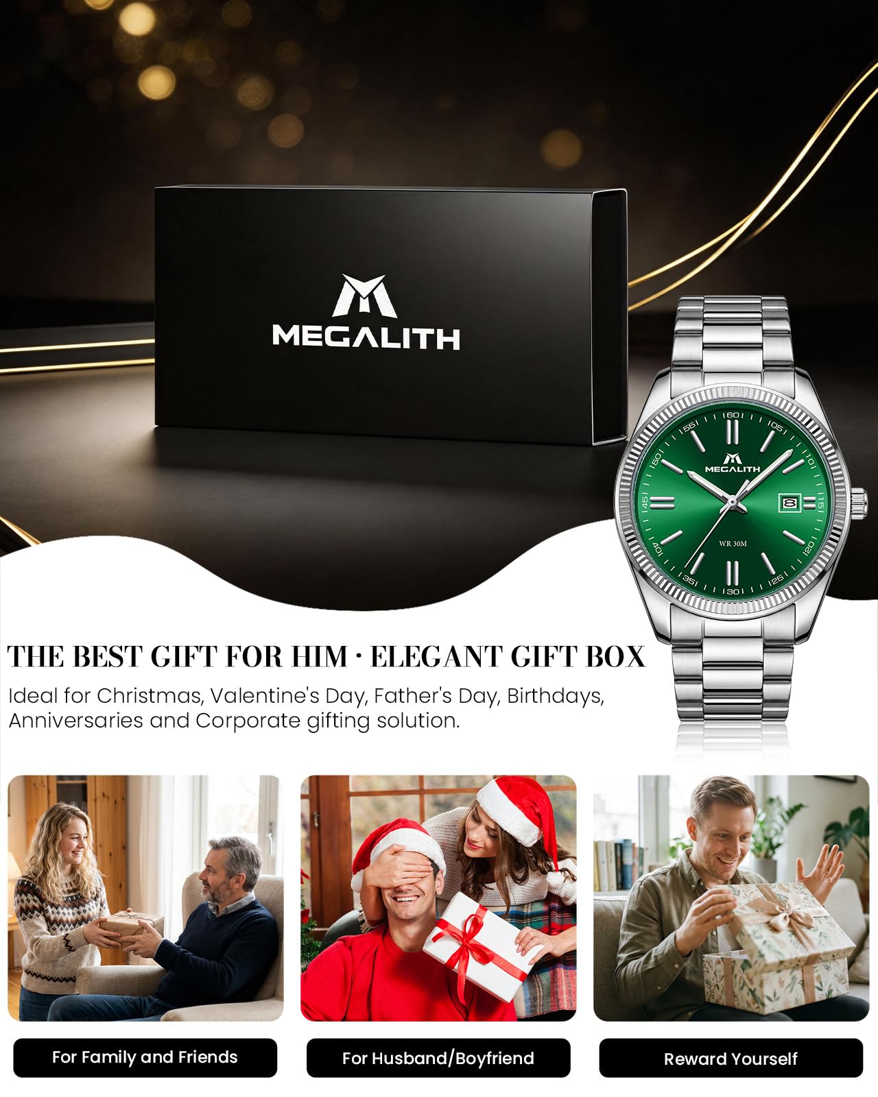 MEGALITH Montre Homme Affaires Analogique: Acier Etanche Montres avec Aiguilles Lumineuses Date - Cadeau Anniversaire pour Travail Business Hommes Design Intemporel