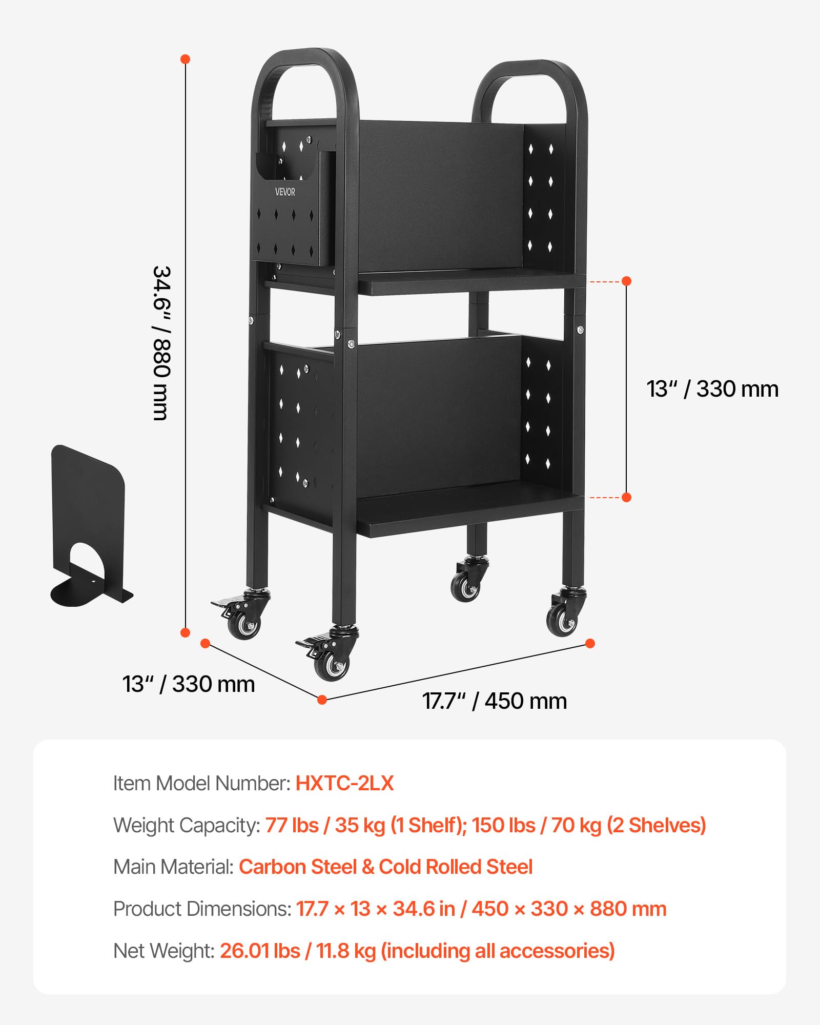 VEVOR Carro para Libros de 2 Niveles Estantería de Libros con Ruedas 45 x 33 x 88 cm Estante de Almacenamiento en Forma de L Doble Caro Carro Rodante para Biblioteca, Oficina, Escuela, Negro