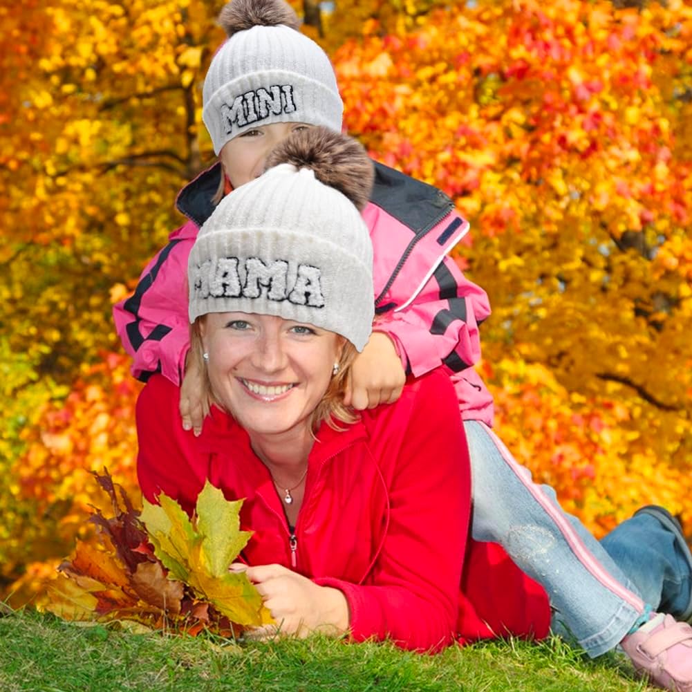2 Pcs Parent-Child Beanie Hats Mama and Mini Embroidery Knitted Hats Winter Warm Cuffed Ski Cap with Pom Pom