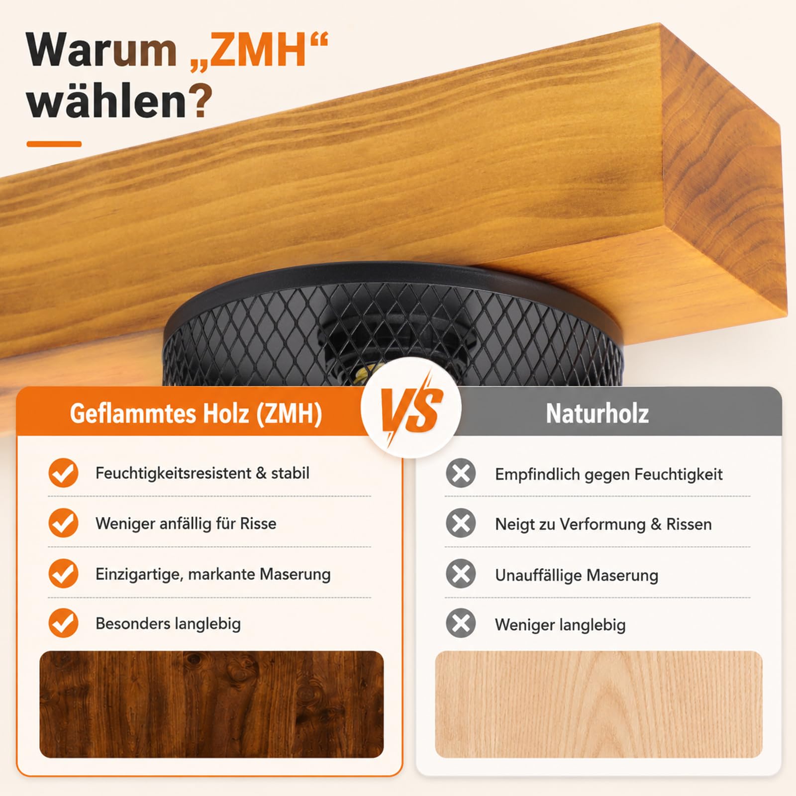 ZMH Vintage Pendelleuchte Holz Hängelampe esstisch 4 flammig mit Holzbalken | Schwarz Hängeleuchte retro Esstischlampe E14 Esszimmerlampe aus Metall für Küche Wohnzimmer Esszimmer (Ohne Leuchtmittel)