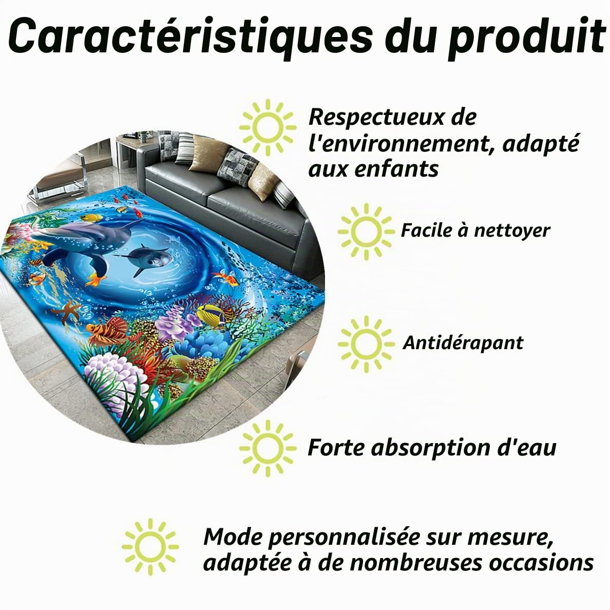 Monde sous-Marin 3D Ocean Tapis Poisson Corail Dauphin Modèle Maison Salon Chambre Salle De Bain Carpet AntidéRapant Porte D'entrée Rug Ocean World Tapis Rampant pour Enfants (140x200 cm, Modèle 3)