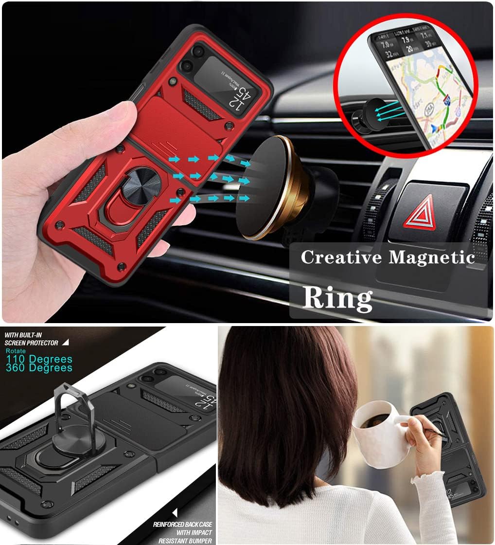 for Samsung Galaxy Z Flip 3 Case Slide Camera Lens Cover Kickstand,Ring Holder Z Flip 3 Cases for Women Men Slim Hybrid Hard Heavy Duty Flip3 for Galaxy Z Flip 3 5G Phone Case 2021 (Red)