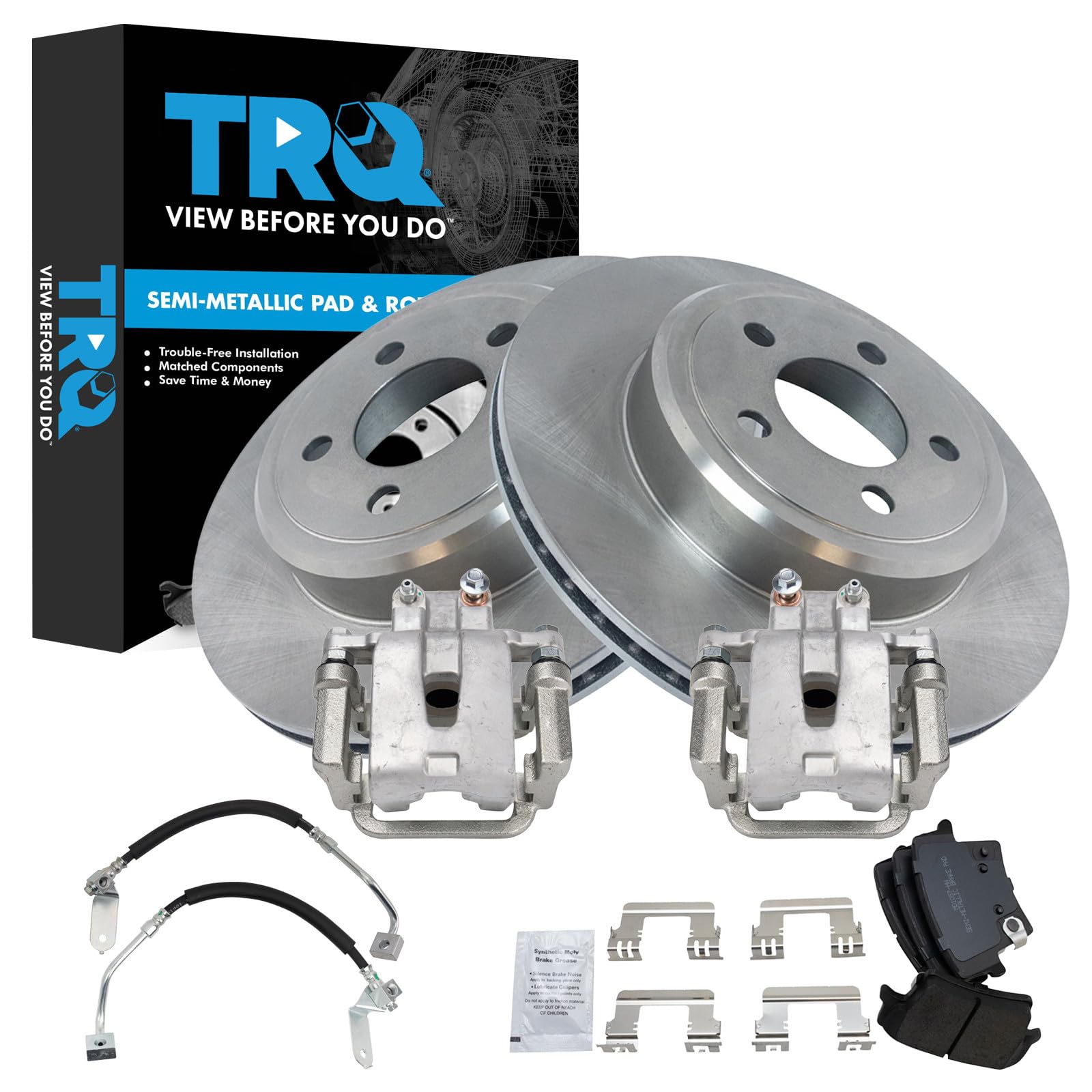 TRQ Rear Brake Pad &amp; Rotor Kit Semi-Metallic Compatible with 2009 Dodge Challenger
