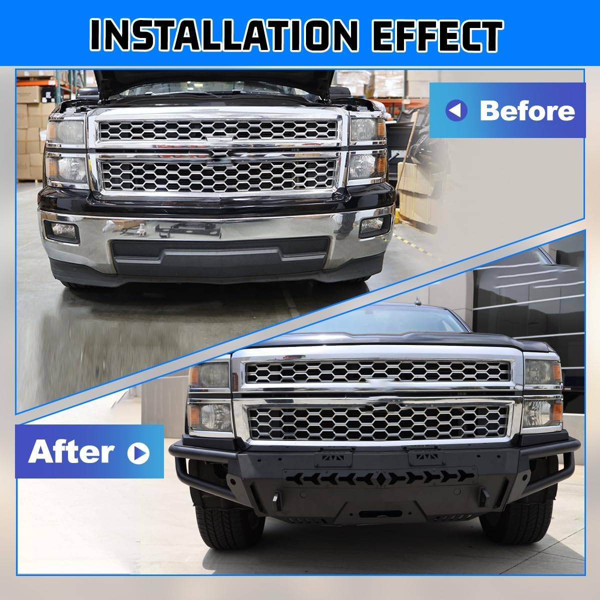 CPW Front Bumper Fit For 2014 2015 Chevy Silverado 1500, Heavy Duty Steel Mid-Width Front Bumper & Round Tube Side Wings w/D-Ring Shackles & 4'' Pod Lights/Parking Distance Sensors Mounting Hole