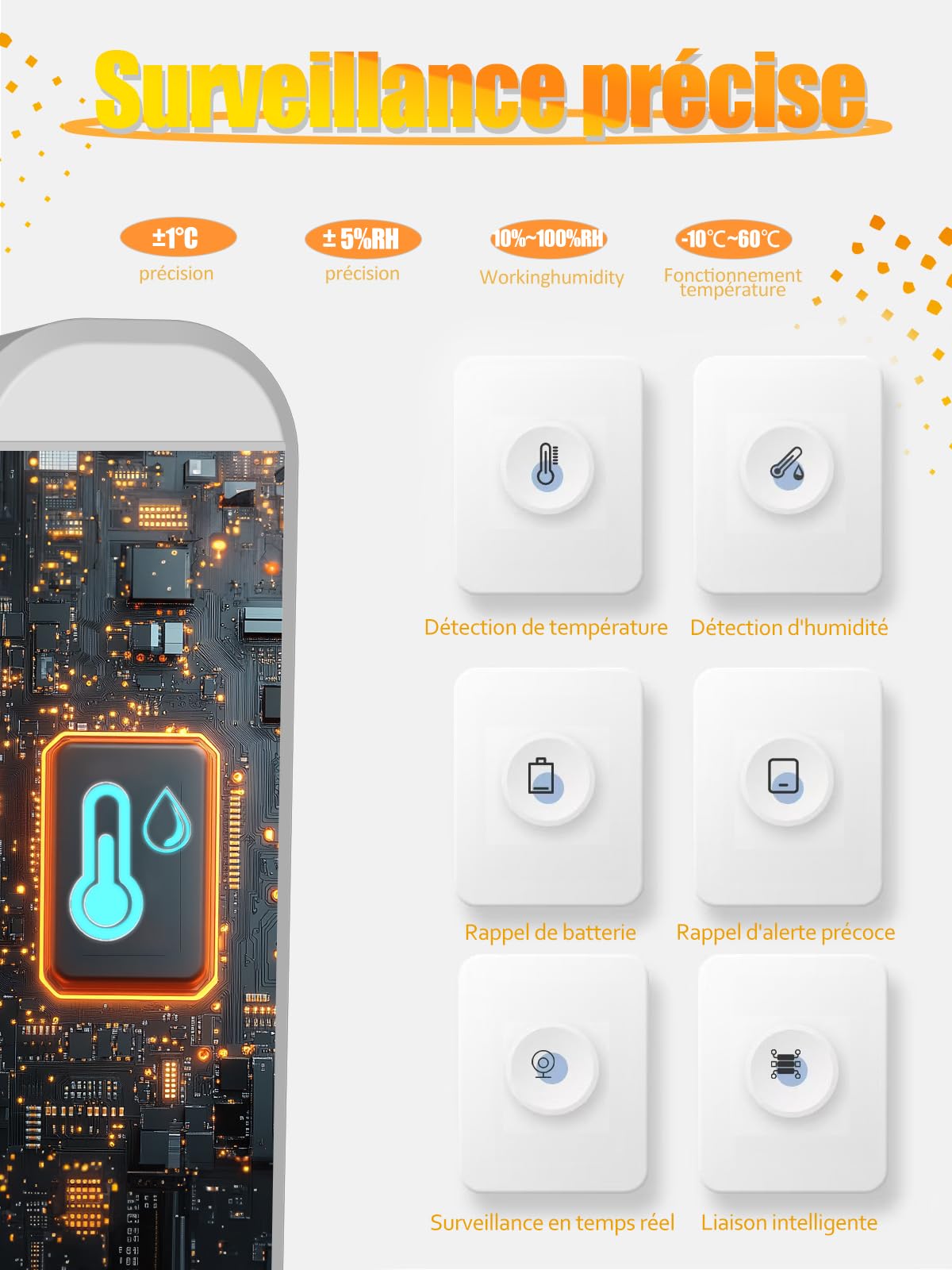 Thermomètre Hygromètre Wifi pour surveillance de la température et de l'humidité intérieure et extérieure, fonctionne avec l'application Smart Life/Tuya, compatible avec Google Home, Alexa, 4 pièces