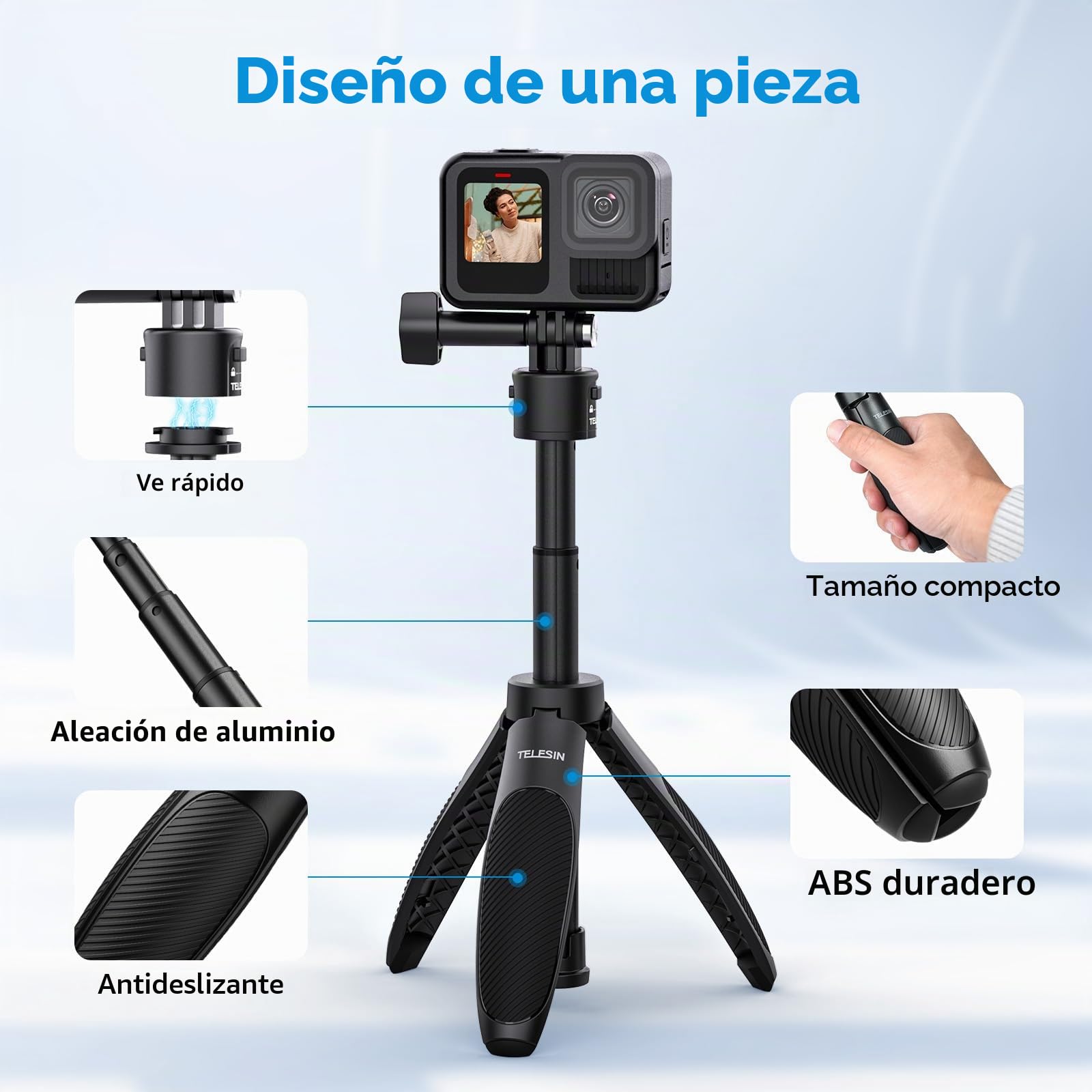 TELESIN° Mini Palo Selfie retráctil de liberación rápida para GoPro Hero Insta360 dji Osmo Action 6 5pro 4 3, trípode portátil Compacto para Selfie Stick para cámaras con Longitud Ajustable