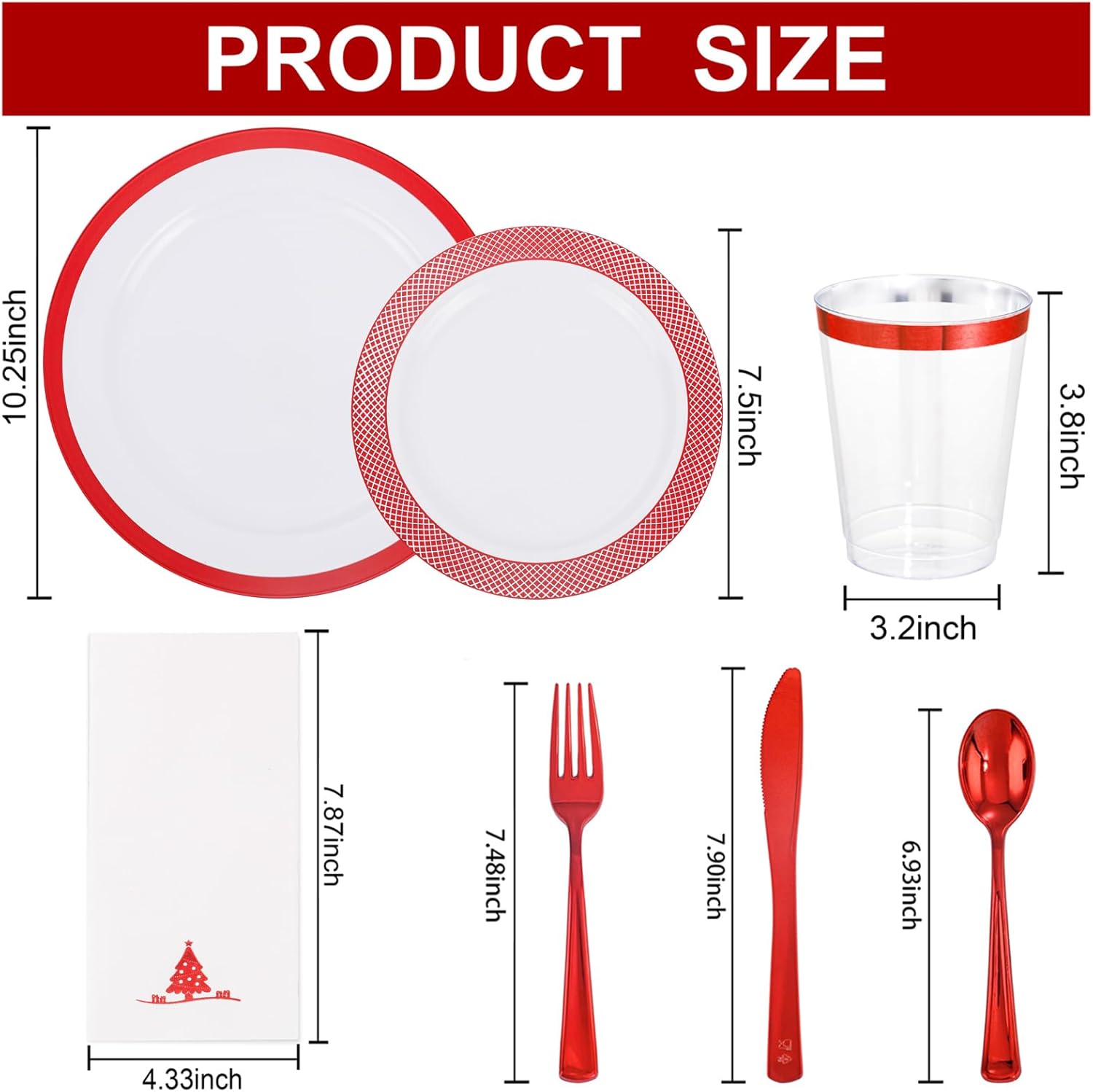 Ciaell 175PCS Christmas Plastic Plates - White and Red Plastic Plates Sets include 25Dinner Plate, 25Dessert Plate, 25Knives, 25Forks, 25Spoons, 25Cups, 25Napkins for Xmas Party