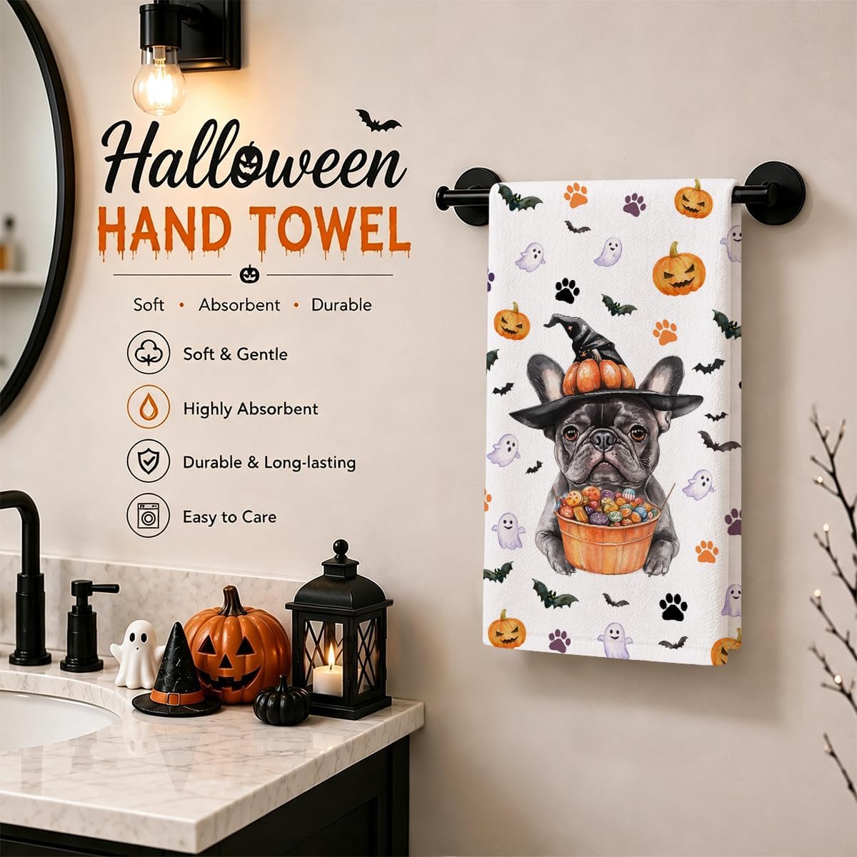 Halloween Dog Kitchen Towels, French Bulldog Gift Decor Dish Towels 02