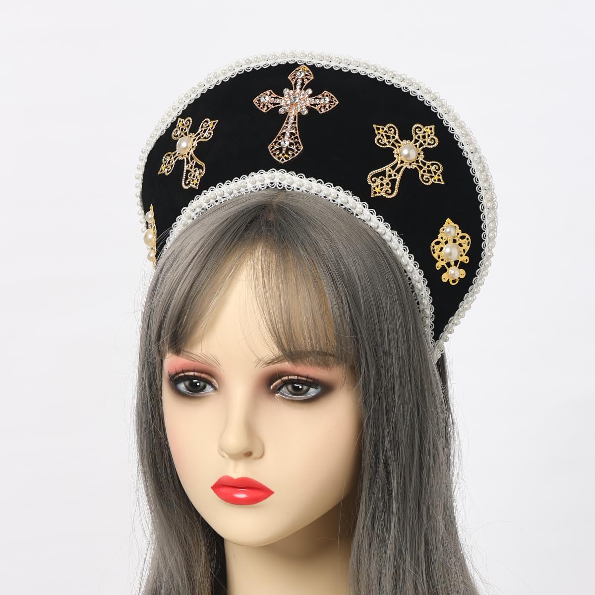 BPURB Tudor Queen Coronet Hooded Hat for Women Anne Boleyn Hat Headwear Elizabethan Headwear French Royal Headband for Cosplay Party Black - Image 4
