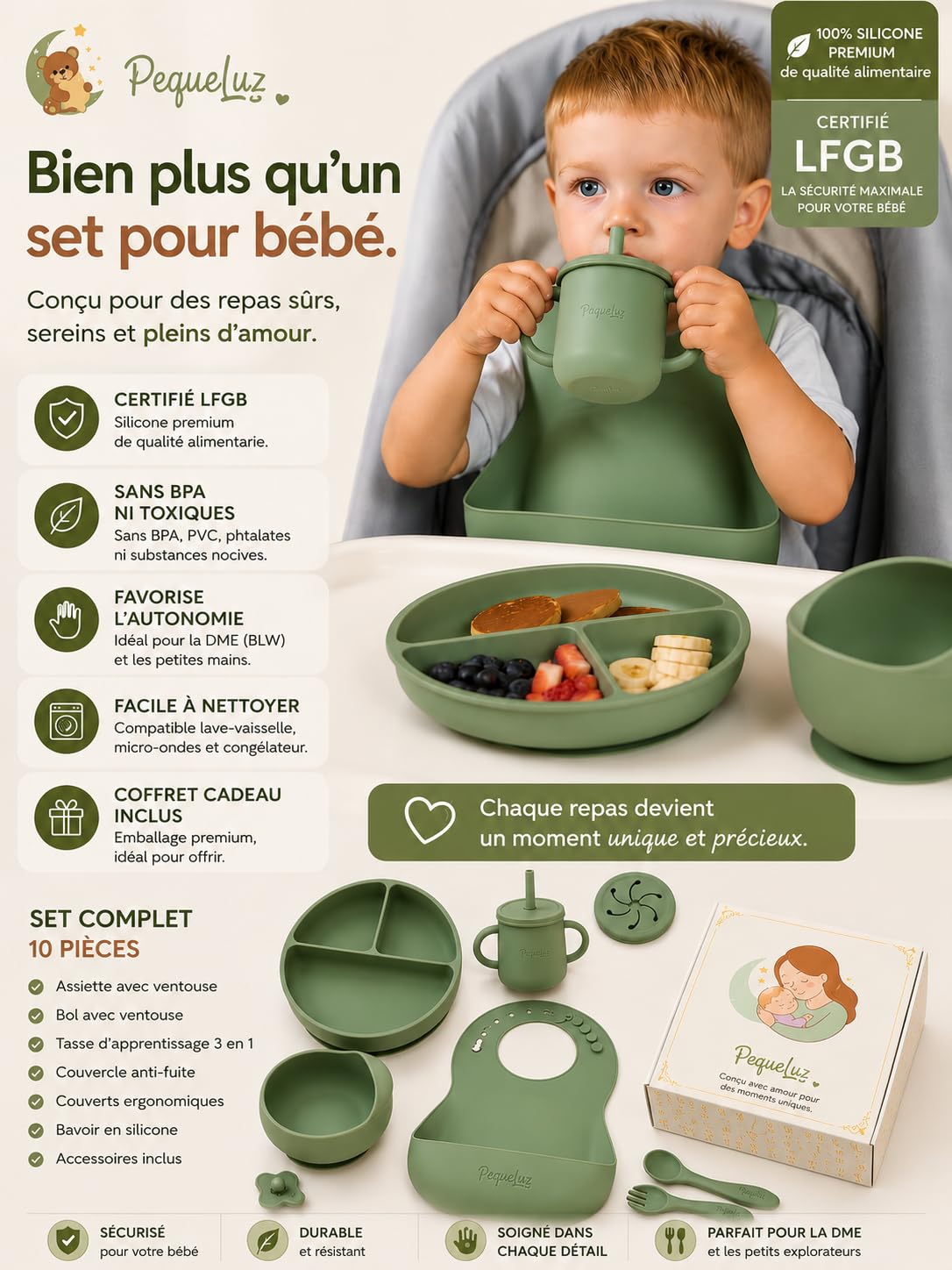 Set Pappa Svezzamento Neonati in Silicone LFGB – 10 Pezzi | Set Autosvezzamento Premium con Piatto e Ciotola con Ventosa, Tazza, Bavaglino e Posate Bambino | Senza BPA
