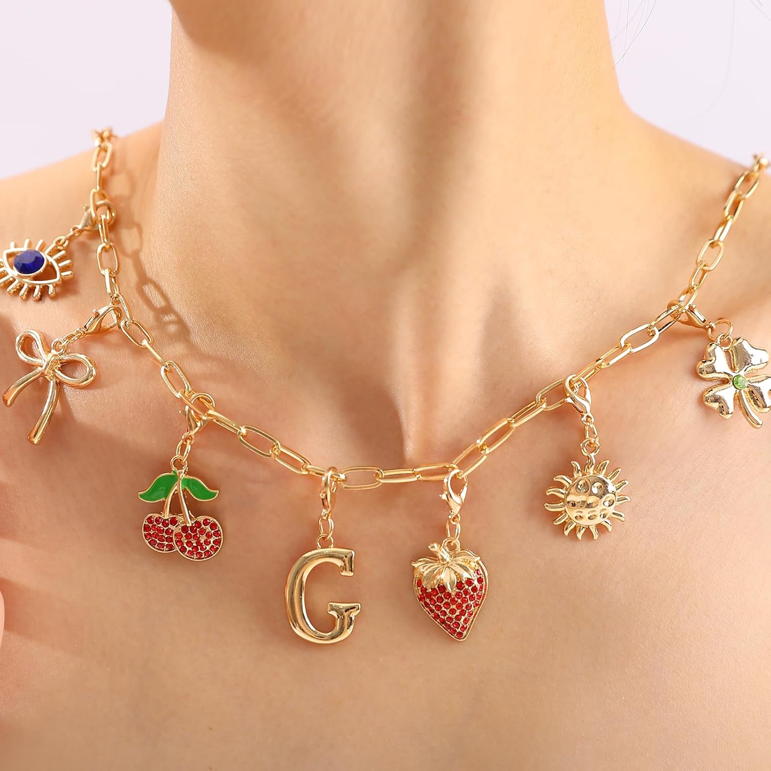 Initial Charm Necklace for Women, Evil Eye Four-Leaf Clover Sun Bow Cherry Strawberry Removable Charms Necklace Paper Clip Chain Choker, Trendy Jewelry Birthday Christmas Gifts for Her (Letter G ) - Image 2