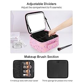 Chomeiu Makeup Bag with LED Mirror, Cute Cosmetic Bags Birthday Gifts for Girls Women, Makeup Train Case Artists Organizer Large Make Up Bags with Light Up Mirror 3 Color Lights, Pink Geometry