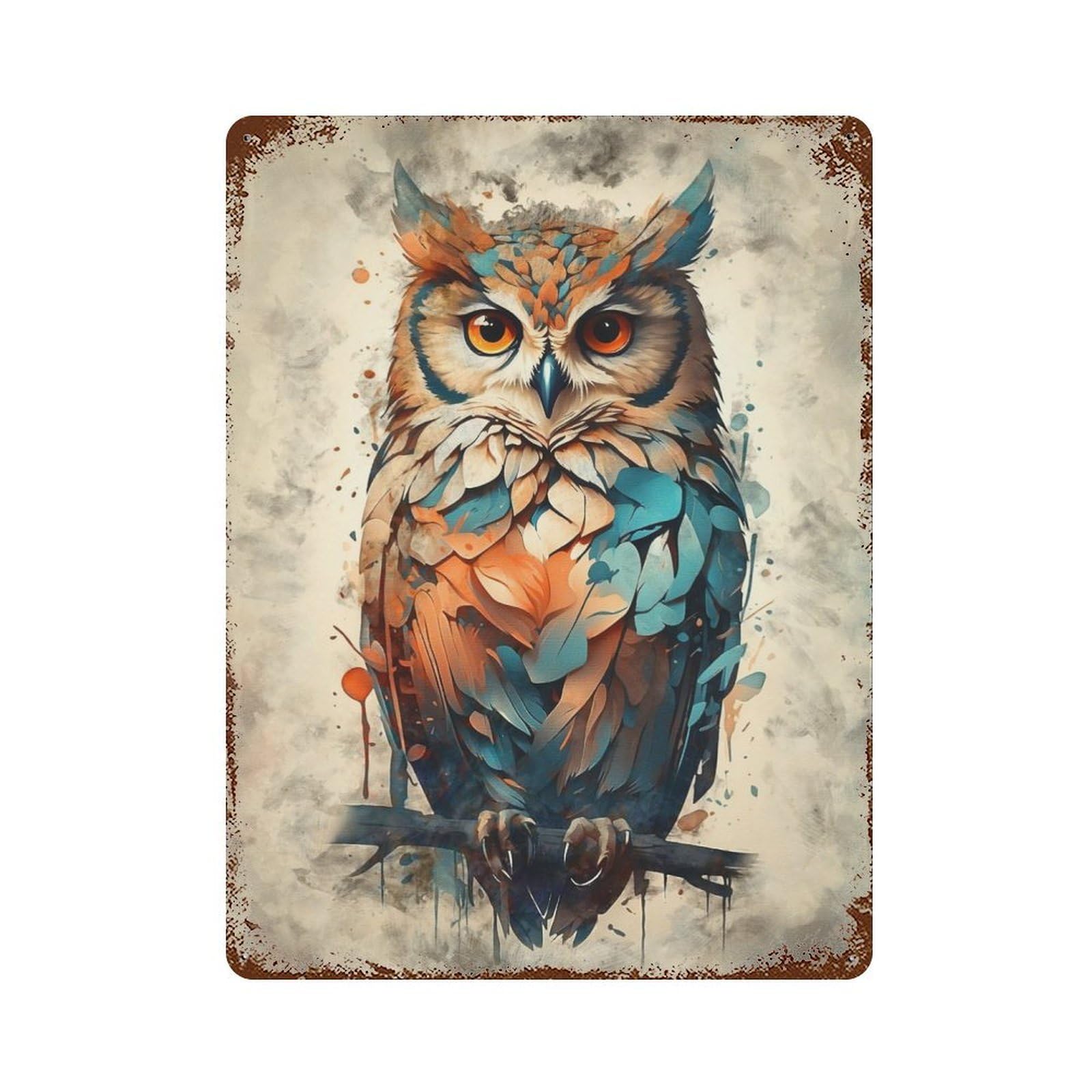 Watercolor Owl 15.7"x11.8" Rustic Tin Plaque, Novelty Wall Decor for Living Room, Hallway And Home Decor