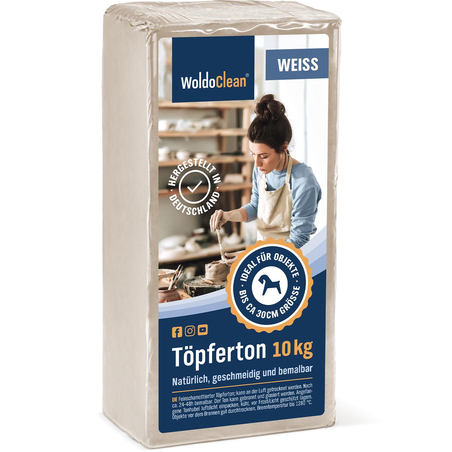 WoldoClean Töpferton zum Brennen & Lufttrocknen Weiß 10 kg - Soft Ton Modelliermasse mit 25% Schamotte (0,5mm), für Töpferscheibe & Brennofen