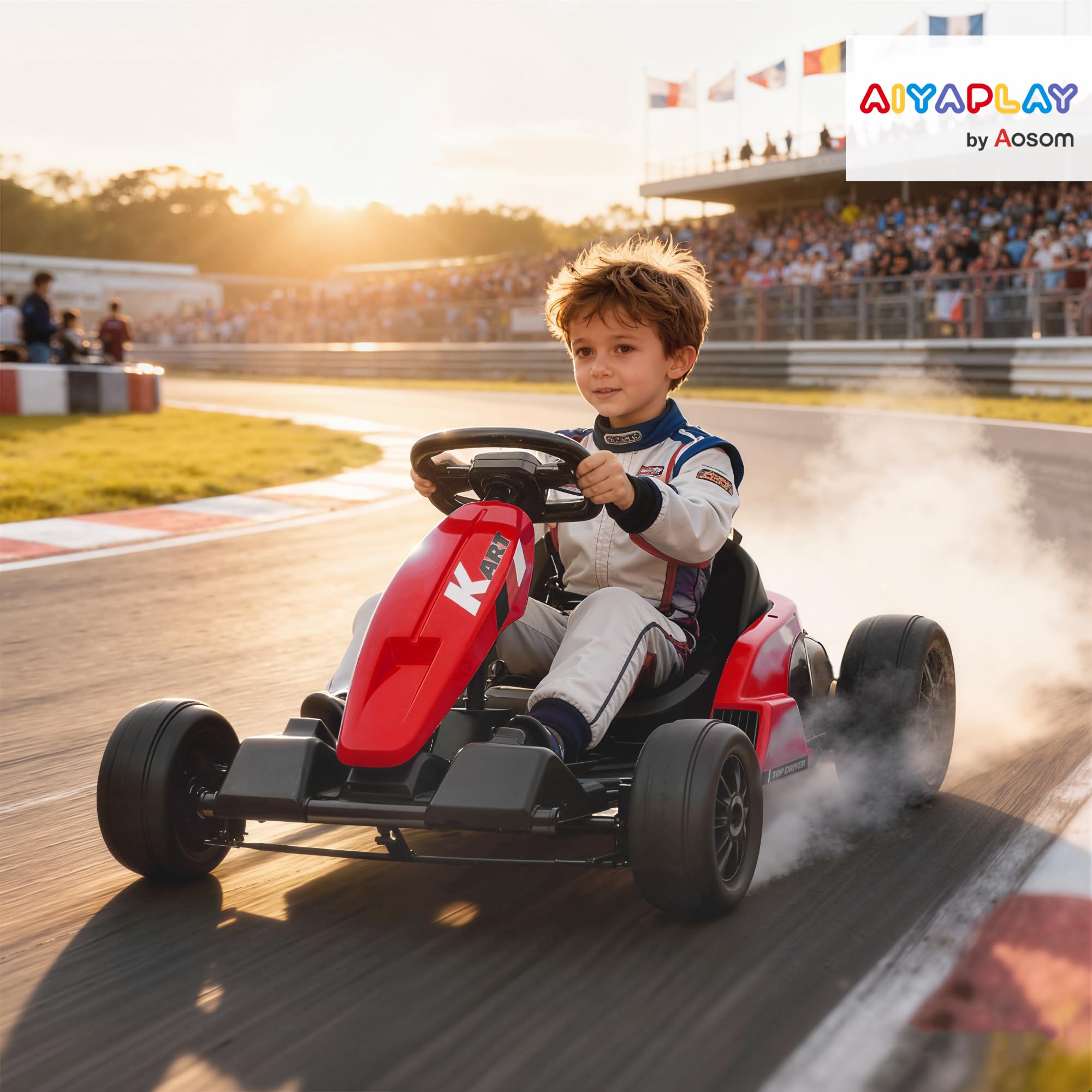 AIYAPLAY, Kart Électrique pour Enfants 24 V, Go Kart, Mode Drift, Rouge | Batterie 24V, Siège Réglable, Moteur 2x150W, Démarrage Progressif, Vitesses 6-18km/h, Harnais de Sécurité, Musique, 6-12 ans