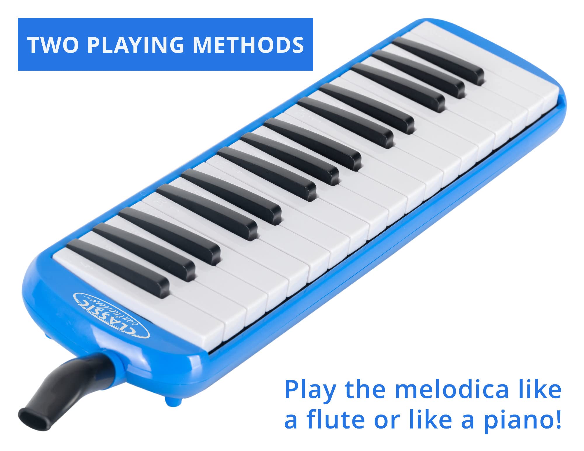 Classic Cantabile FML-32 BU Mélodica 32 touches, tonalité fa-do³, livret 5 chansons enfants, autocollants, étui, embout, tuyau d’air, couleur bleu.