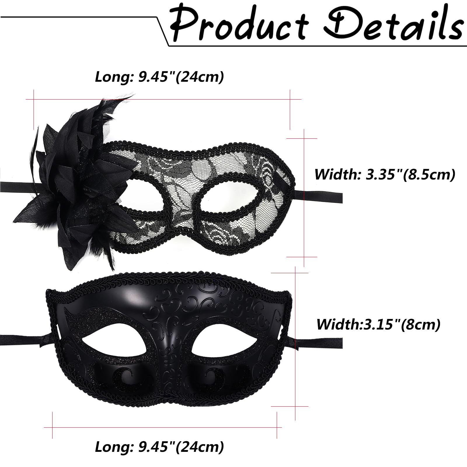 Oidea Masquerade Mask for Couple: Black Lace Venetian Mask Mardi Gras Mask Halloween Party Costume Ball Masquerade Masks Set for Women Men - Image 3