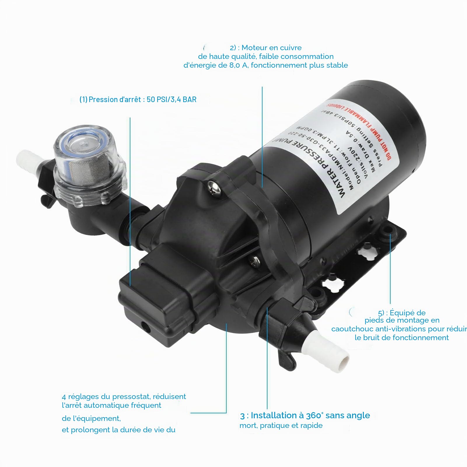 Pompe à diaphragme d'eau de 220 V, 11,3 LPM, 50 PSI, pompe à membrane de pression d'eau industrielle pour voiture, caravane, yacht, bateau marin