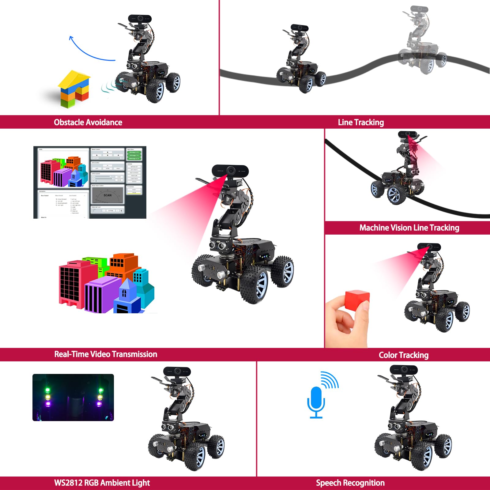 Adeept Zestaw robotyki PiCar Pro V2 (Raspberry Pi nie jest wliczony w cenę), 4 DOF ramię robota inteligentny samochód dla Pi 5/4/3, kamera HD 1080P, OpenCV, zapobieganie przeszkodom, śledzenie linii