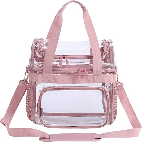 Miniatura 3 de BORMELUN Paquete de 2 bolsas de almuerzo color rosa transparente resistente para trabajo, bolsa grande para conciertos universitarios, deportes