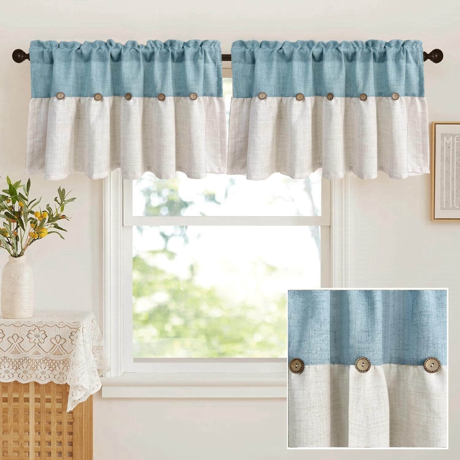 Gxi Linen Button Farmhouse Valance 20 inches Length, 2 Pack Rustic Kitchen Curtain for Small Windows with Coconut Husk Button Detail Window Treatment Tiers,Blue Natural W39 x L20 inch