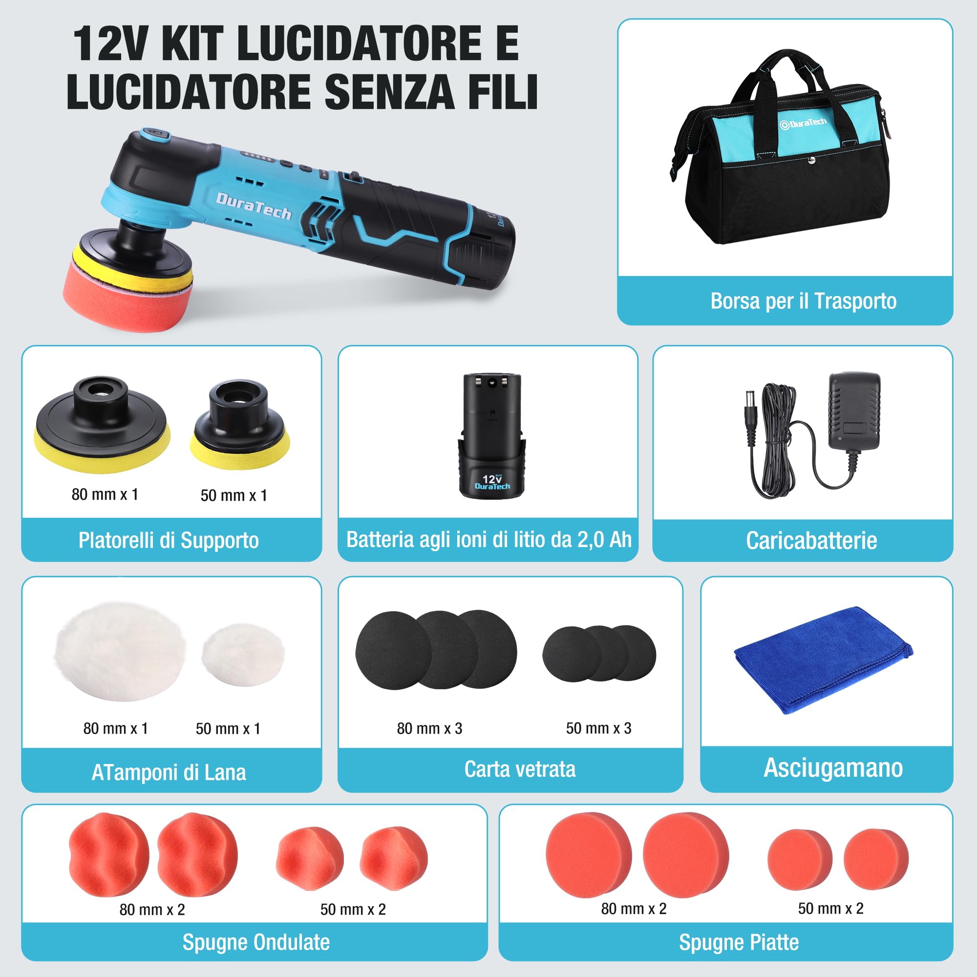 DURATECH Lucidatrice Elettrica 12V con Platorelli, 5 Velocità Regolabili fino a 3000 giri/min, con Spugne, Panni e Disco di Lucidatura, Lucidatrice per Auto, Mobili, Lucidatura Fai da te