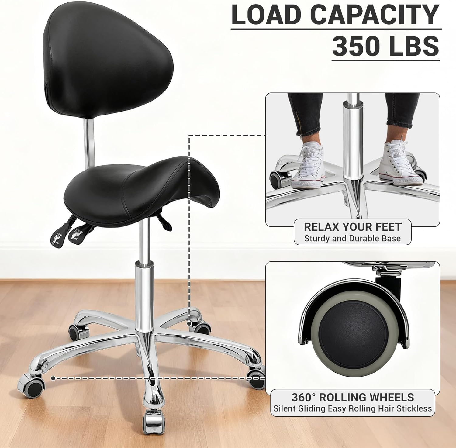Saddle Stool Chair with Back Support,3-Way Function Rolling Esthetician Stools with Wheels,for Salon Spa Clinic Dentist Tattoo Massage Lab,Ergonomic Backrest &Adjustable Height & Angle