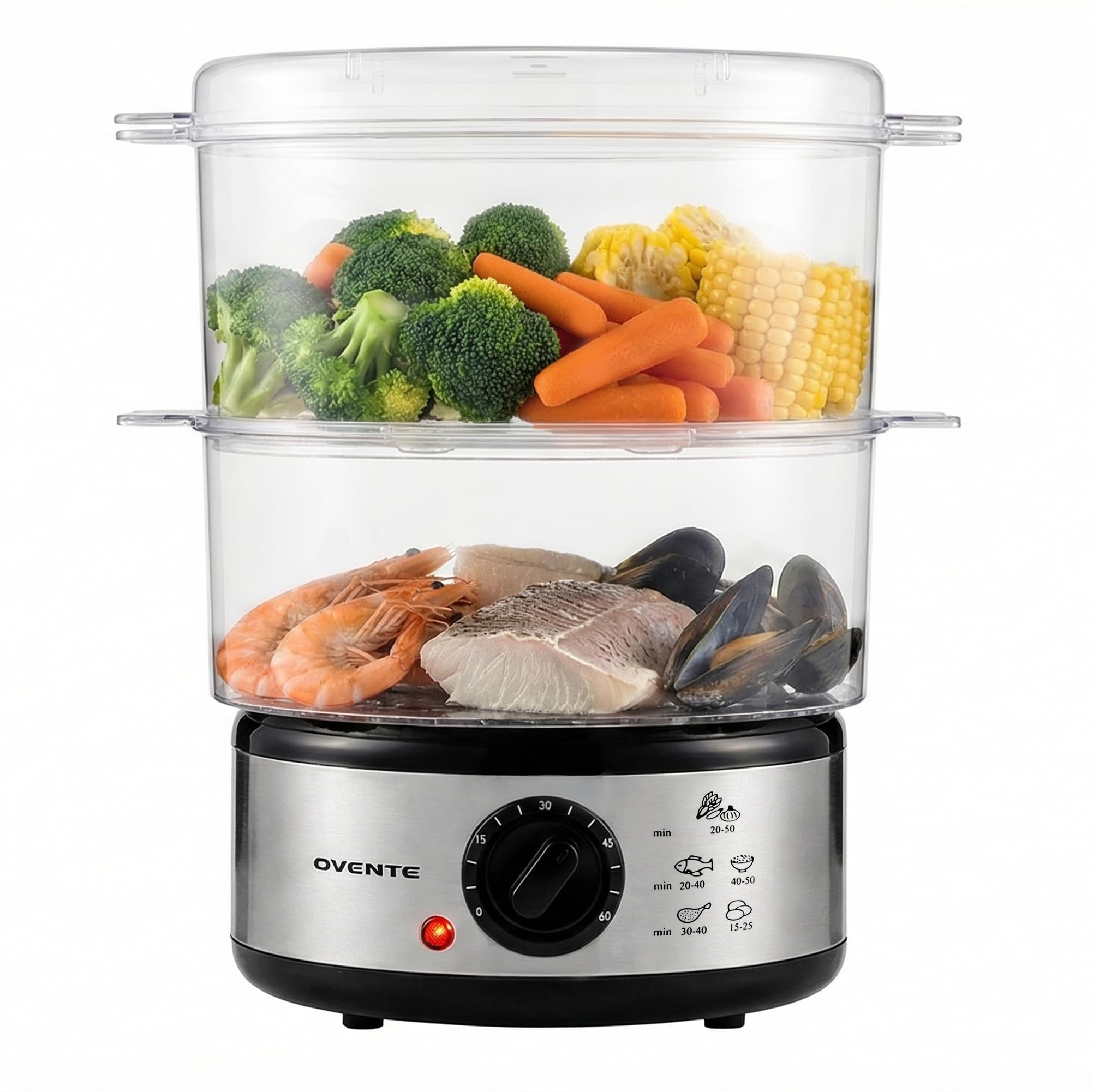 Ovente Electric Food Steamer 5 Quart Double Tier Stackable Portable BPA-Free Basket with 400 Watt Power Stainless Steel Base Steamer 60-Minute Timer Fast Steaming for Vegetable and Fish, Silver FS62S-image-4