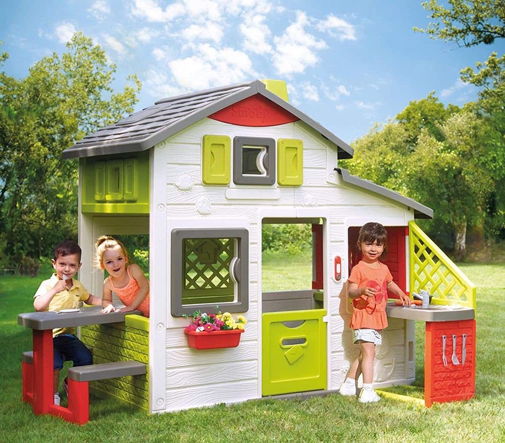 Smoby- Casita Infantil Neo Friends House Con Cocina, 1,72m de Alto, 2 Puertas de Entrada, Timbre Electrónico, Mesita Exterior, Posibilidad de Añadir Múltiples Accesorios, Para Niños a Partir de 3 Años