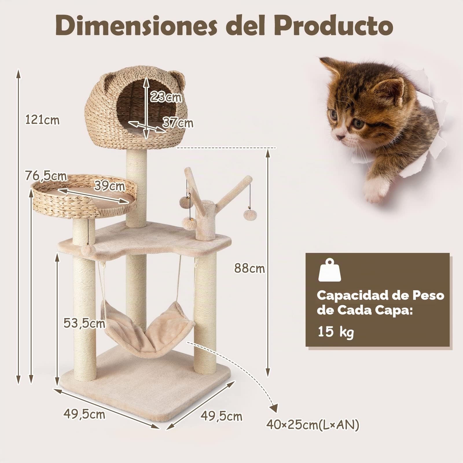 COSTWAY Torre Rascador para Gatos de 121 cm, Centro de Actividades para Gatitos con Condo, Cama, Hamaca, Bolas Colgantes, Postes para Rascar de Sisal, Cojines Suaves, Árbol Rascador Gatos, Beige