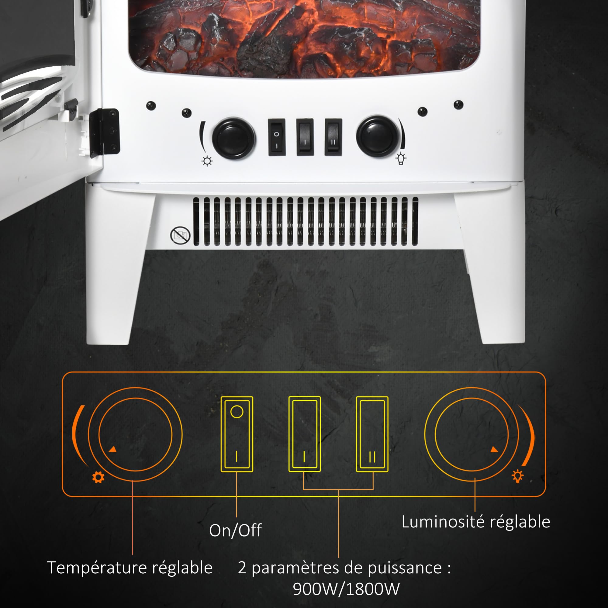 HOMCOM Cheminée électrique poêle Style néo-rétro 900-1800 W Simulation Flammes LED luminosité réglable Acier ABS Blanc
