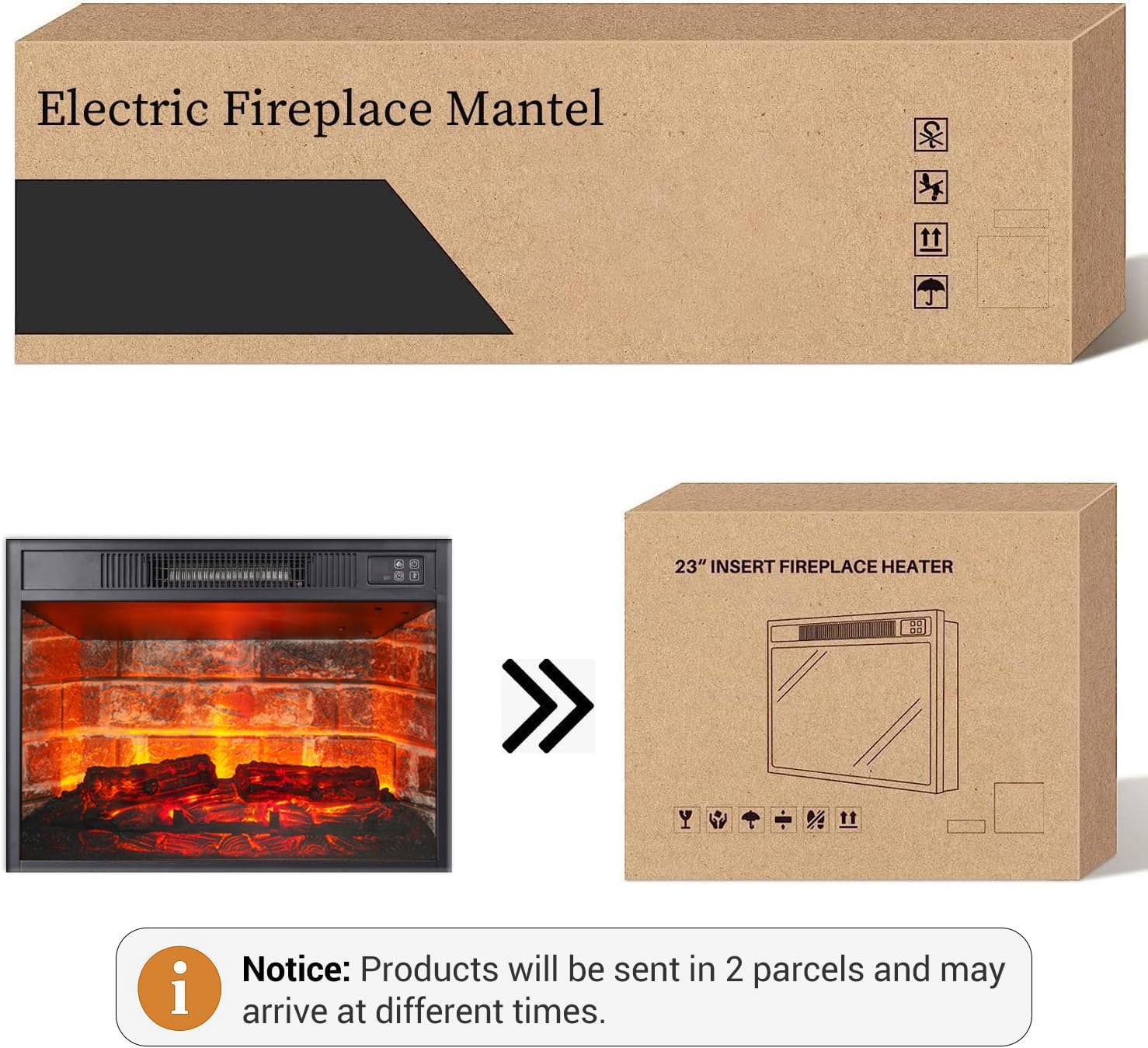 BLANKSPACE 44" Electric Fireplace with Mantel, Stacked Stone Surround, 23 Inch Red Brick Insert Heater, Blue Fireplace Cabinet with Gold Carved Accents