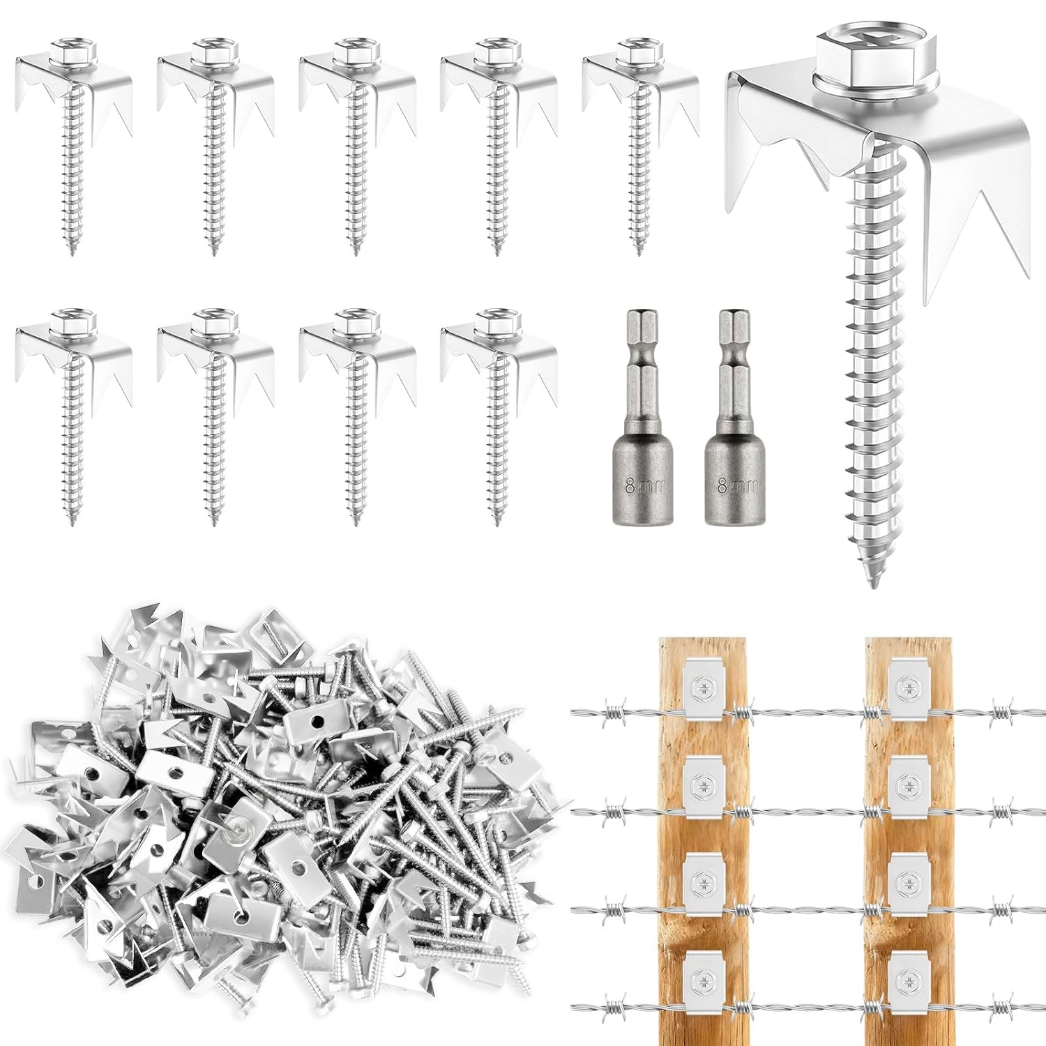 100 Pcs Fence Post Screws with Wire Fixer, Heavy Duty Fence Staples for Wire Fencing, with Hex Adapter, Stainless Steel, for Building or Repairing Wire Fences, Garden Trellises